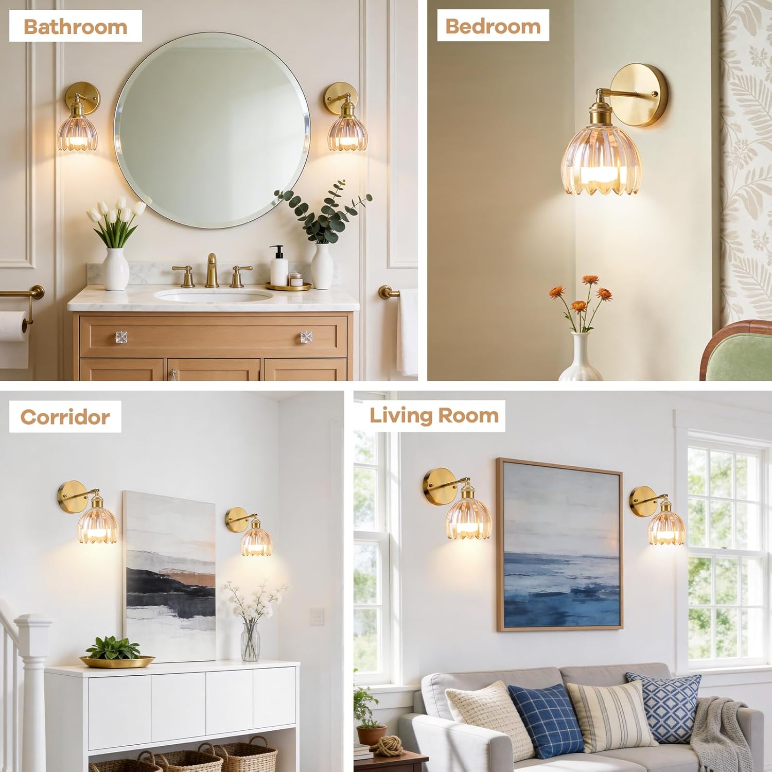 Battery Operated Wall Sconce with Remote, Vintage Rechargeable Wall Sconces Set of Two, Dimmable RGB Bulbs Amber Tulip Glass Wireless Wall Lights for Bedroom Living Room Sconces Wall Decor Set of 2