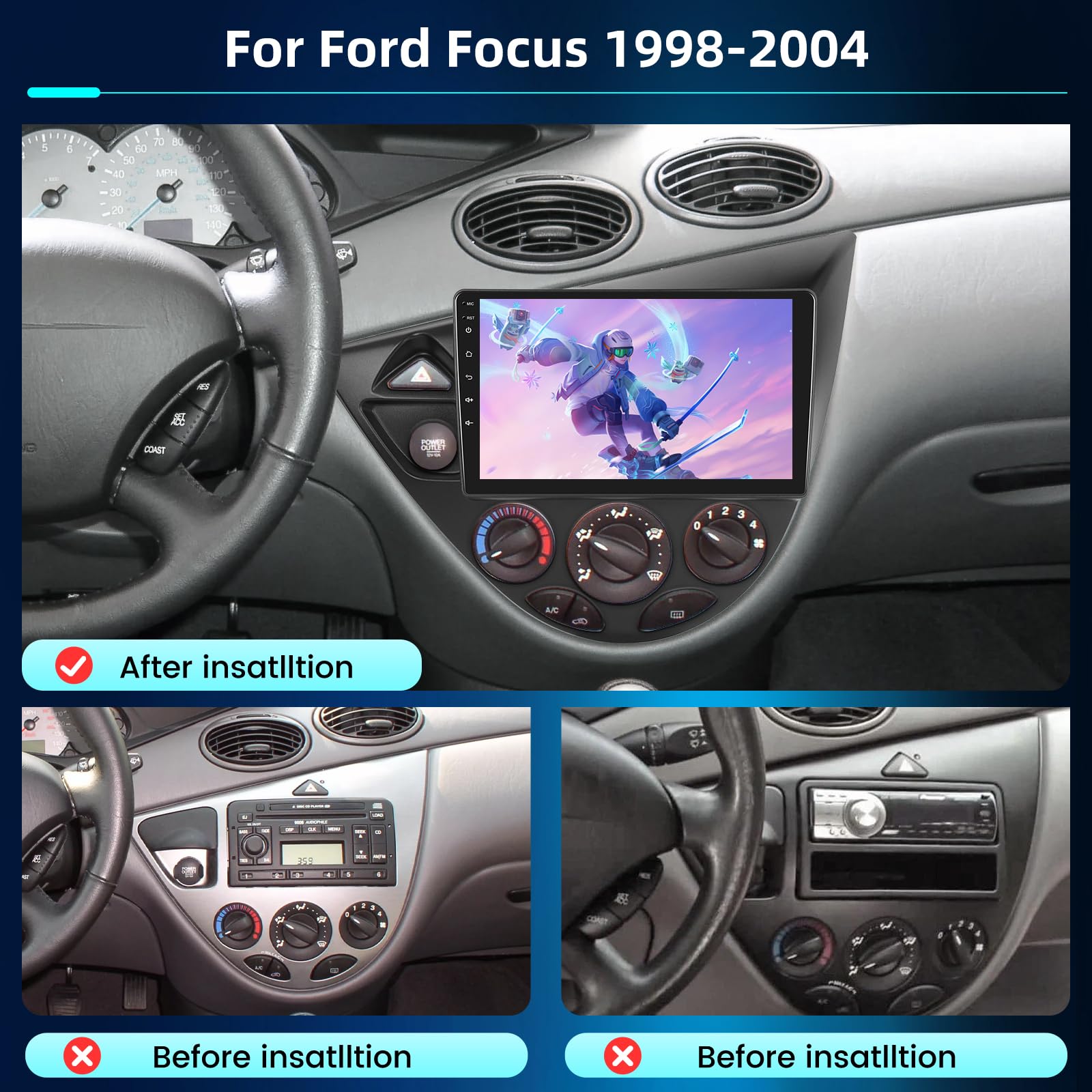 NHOPEEW 4+64G Radio de Coche para Ford Focus 1998-2004 - Radio Android de 9 Pulgadas con Inalámbrico Carplay y Android Auto - Mirror Link 32EQ DSP Pantalla Dividida + Cámara de Reversa & Micrófono