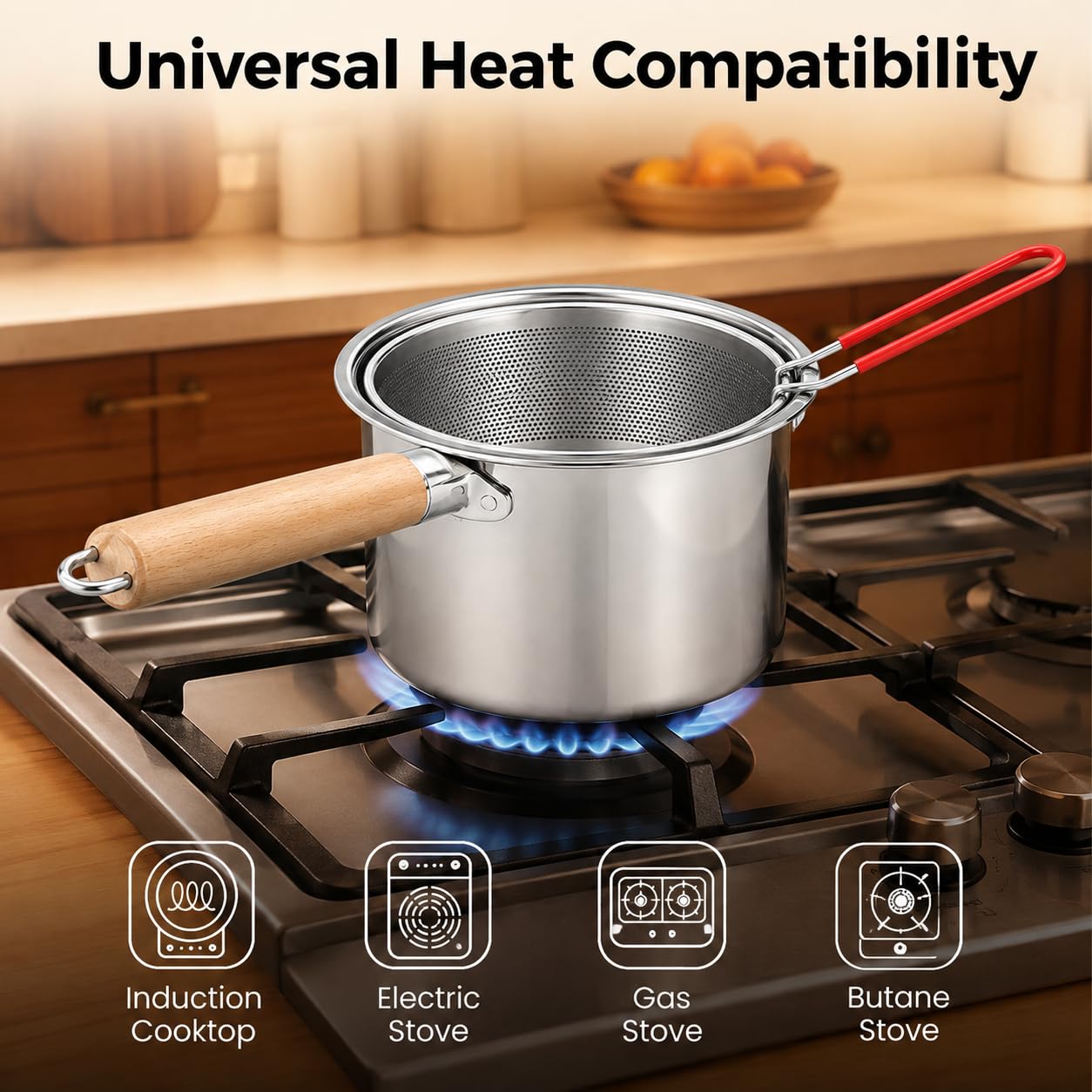 Pentola Fritto Multifunzionale In Acciaio Inox 304 Con Cestello E Coperchio, Friggitrice Per Patatine Fritte, Pollo, Pesce E Frutti Di Mare, Scarico Olio Facile (Pot with Lid & Frying Basket)