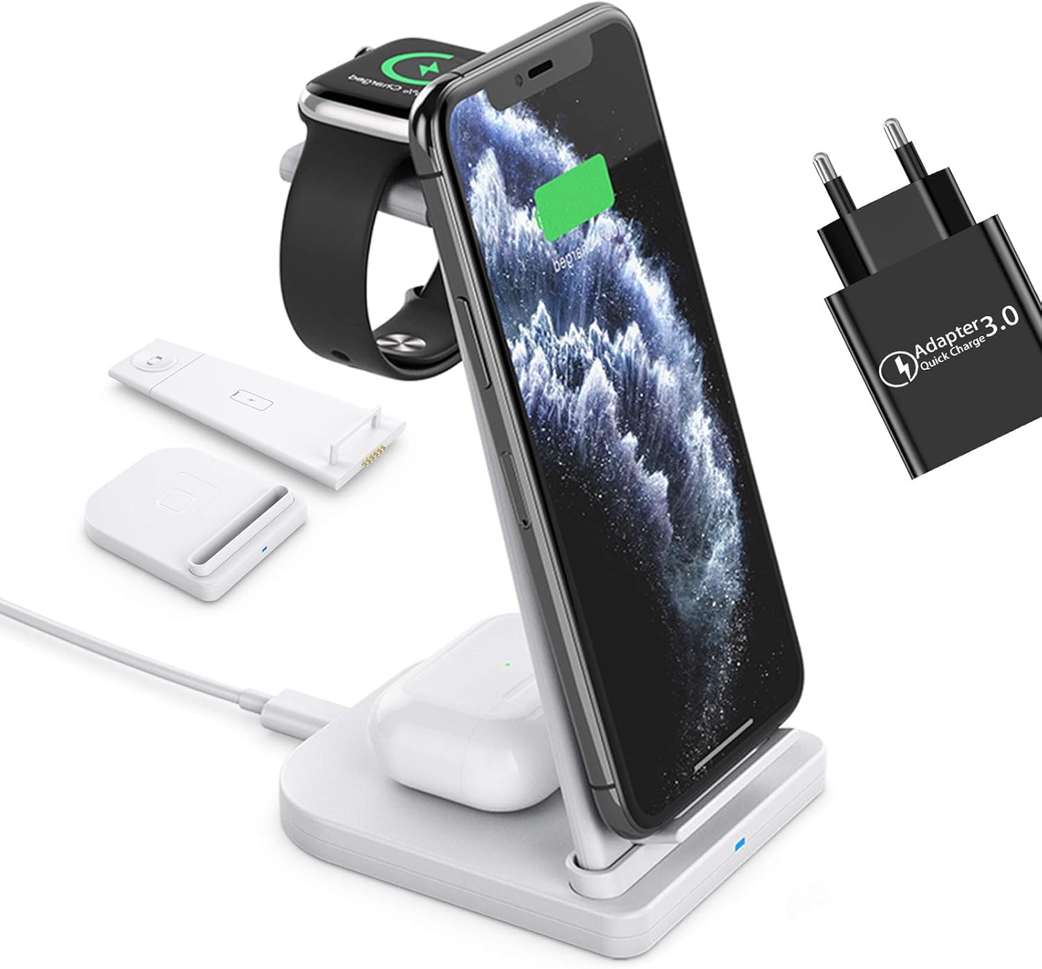 Lopnord Cargador Inalámbrico 3 en 1, Estación de Carga Inalámbrica Compatible con iPhone 12/12 Pro Max/11 Pro/XS/XR/X/8 Plus, iWatch Series 6/5/4/3/2/1, Samsung Galaxy S20+ S10 S9, AirPods Pro (White)