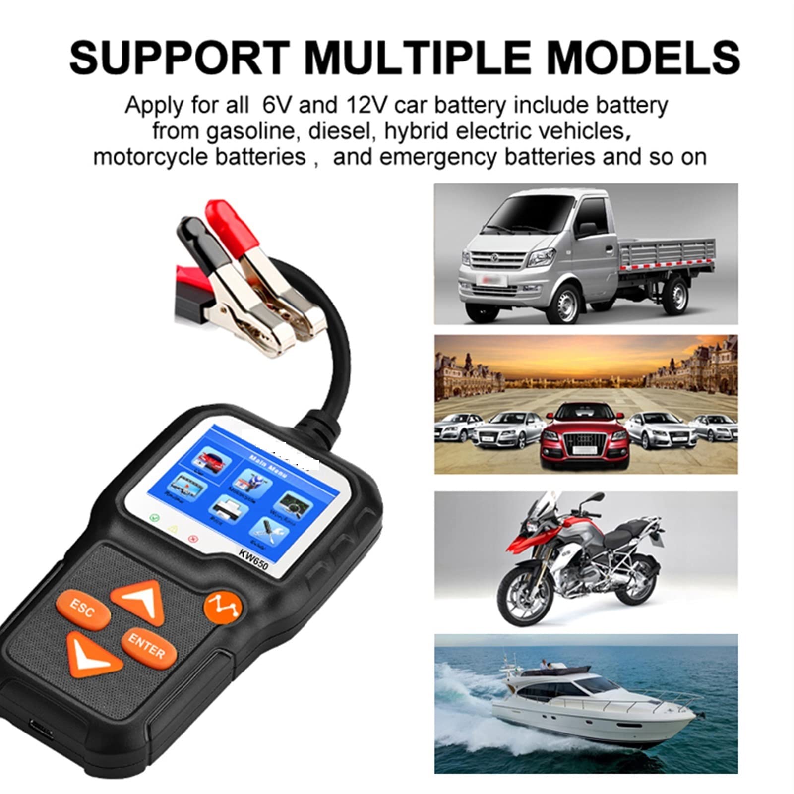 Tester Baterii, Kw650. Auto Motocykl Batalytester 1 2V 6V. Analizator systemu baterii 200 0cca. Ładowanie narzędzi do testowania korbowania dla samochodu