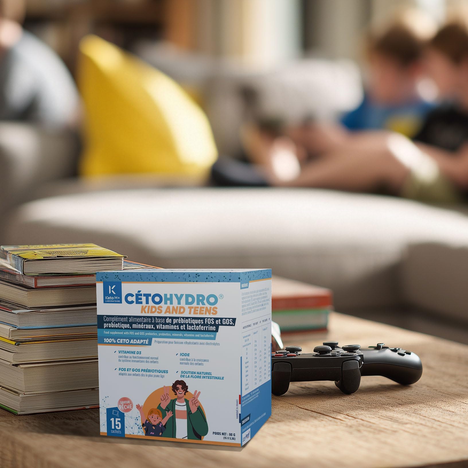 CETOHYDROKIDS Hydratation & Immunité Enfant – Sans Sucre – Électrolytes, Probiotiques & Lactoferrine – Saveur Pêche– 15 Sachets