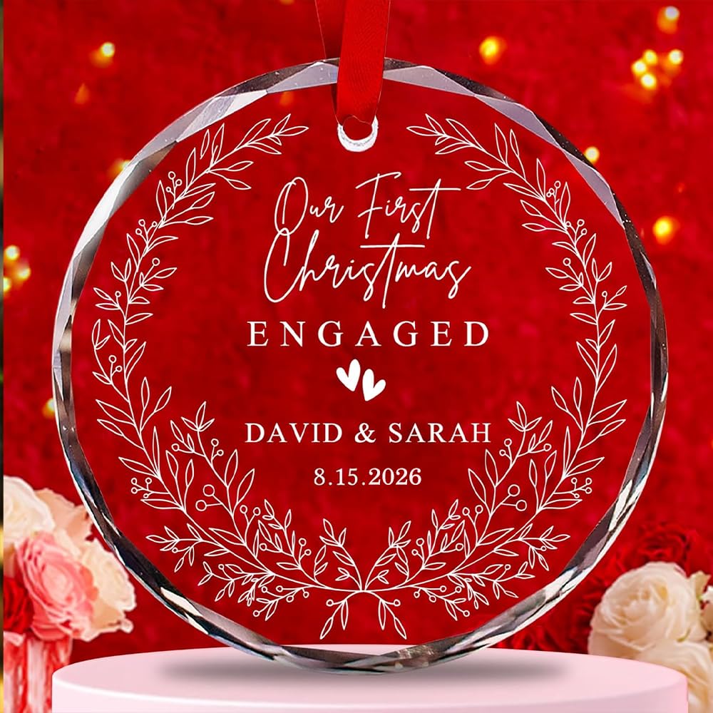 Personalized Engaged Crystal Ornament, Custom Date &amp; Names Newlywed Gifts for Couple, Engagement Day Glass Ornament, Wedding Keepsake, Engage Announcement Gift Ideas for Couple, Bridal Shower Gift