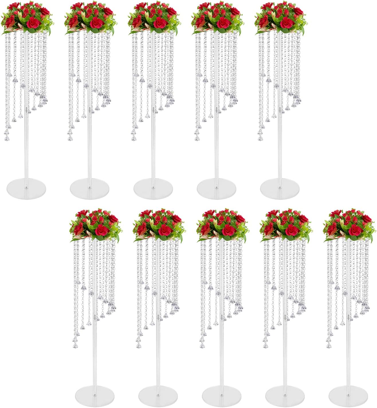 10pcs Clear Acrylic Tall Vases for Centerpieces, 31.5in Acrylic Column Flower Stand with Chandelier Crystals, Inweder Vase Stand, Geometric Wedding Centerpieces Bulk for Table, Party, Decor
