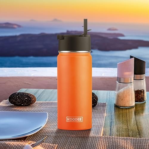 Miniatura 6 de koodee Botella de agua de 16 onzas, paquete de 2 botellas de agua aisladas de acero inoxidable con pajilla, botella de agua metálica reutilizable