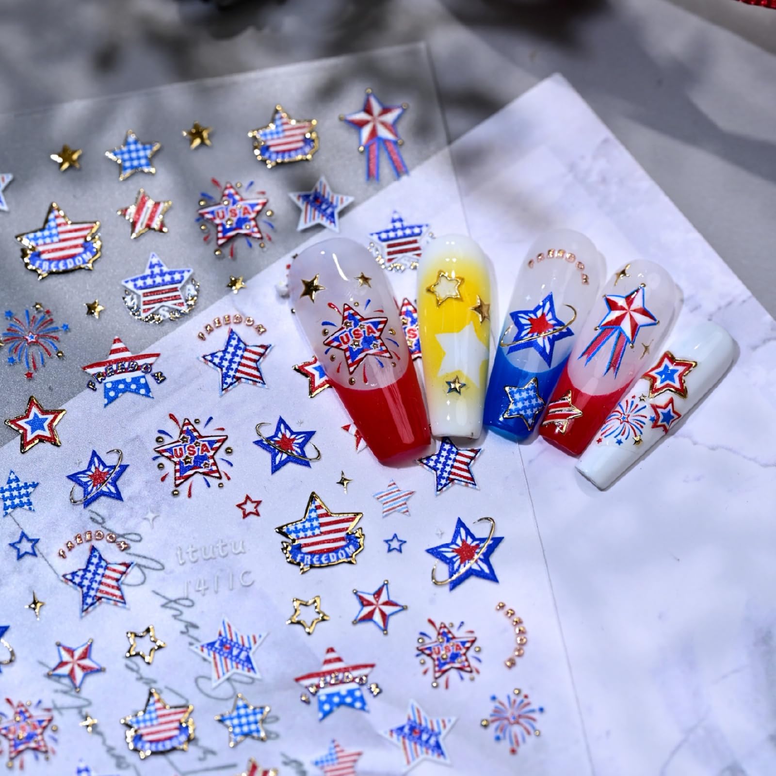Star Nail Stickers Independence Day Nail Art Stickers Firework Nail Decals for Nails Art 5D Embossed with Red Blue Design Nails Charms Supply for Women 4th of July Manicure Decoration Accessories