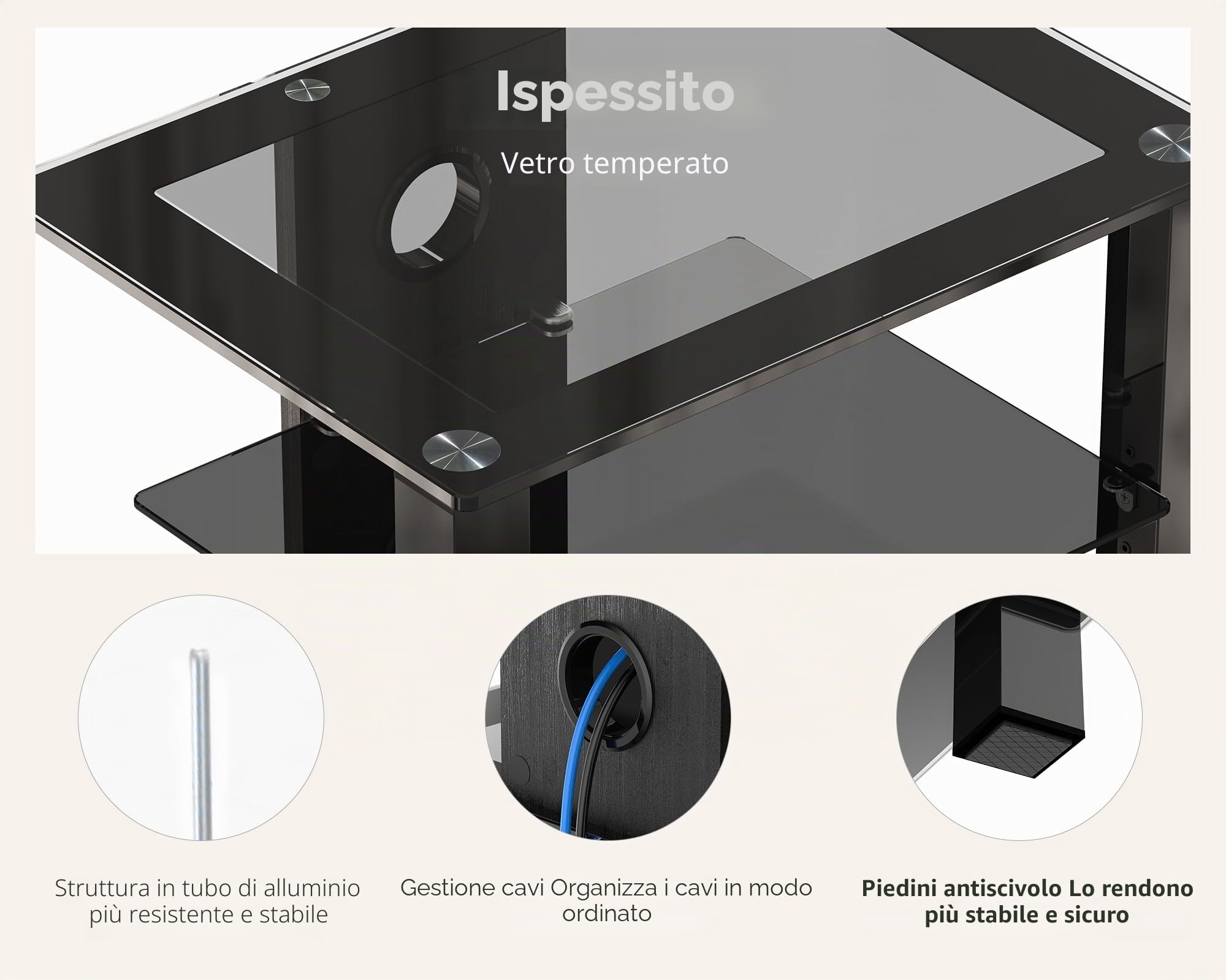 FITUEYES Supporto HIFI a 4 Livelli, in Vetro Temprato Nero per Amplificatore/Giradischi/CD, Rack HiFi con Gestione Cavi e Altezza Regolabile, Mobile Giradischi 57 × 42 × 74 cm, Carico 30 kg
