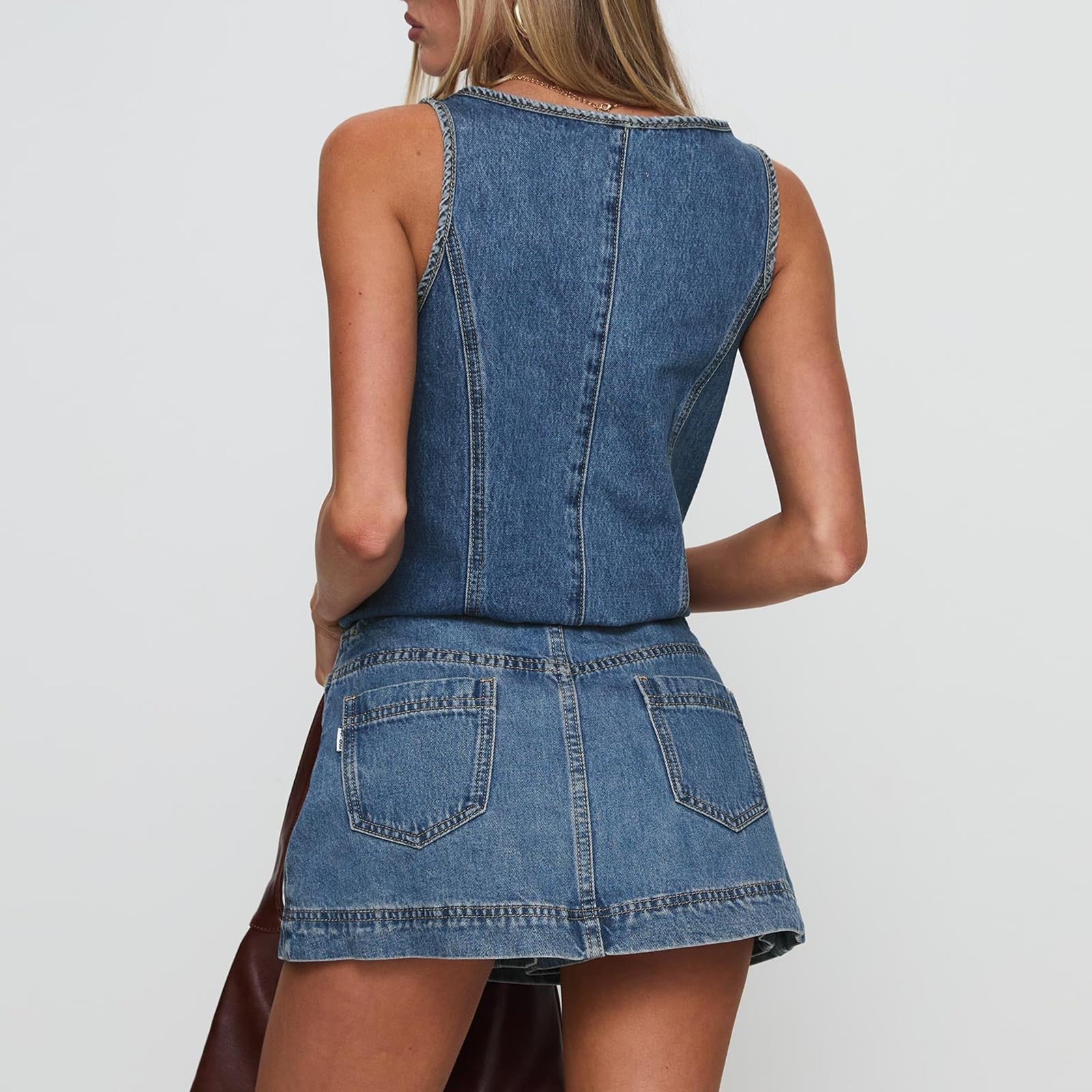 Tenues deux pièces en jean sans manches à nouer sur le devant et mini jupe pour femme, ensemble de jeans décontractés 2 pièces