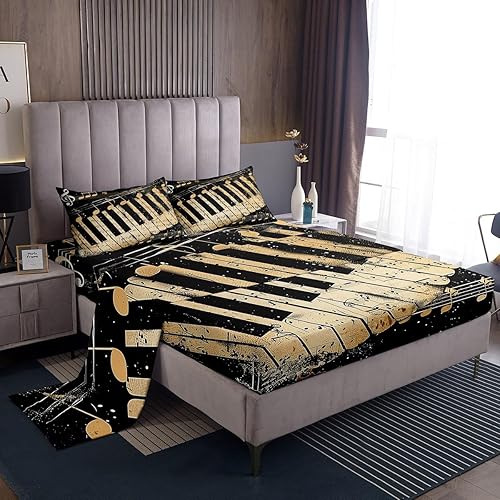 jejeloiu Retro Music Bed Sheets Set King Size Kids Musical Themed 4 Pieces Sheet with 16 Inch Deep Pockets for Boys Girls Teens Music Note Bedding