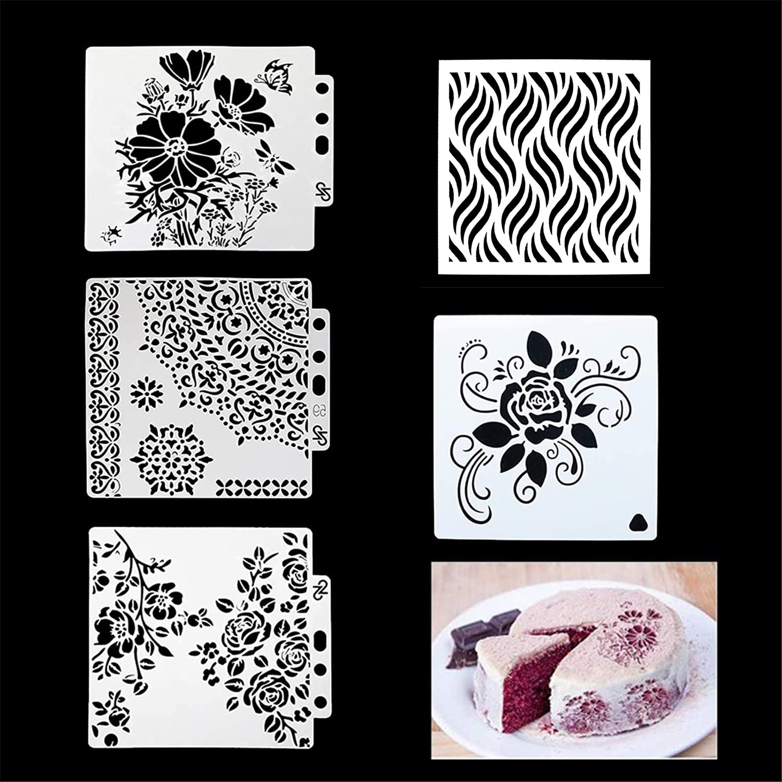 FVVMEED 5 Pieces Cookie Stencils Cake Decorating Stencil Reusable Plastic Painting Templates Powdered, Baking Molds for Children Creation DIY Craft Wedding Birthday Party Scrapbooking Drawing