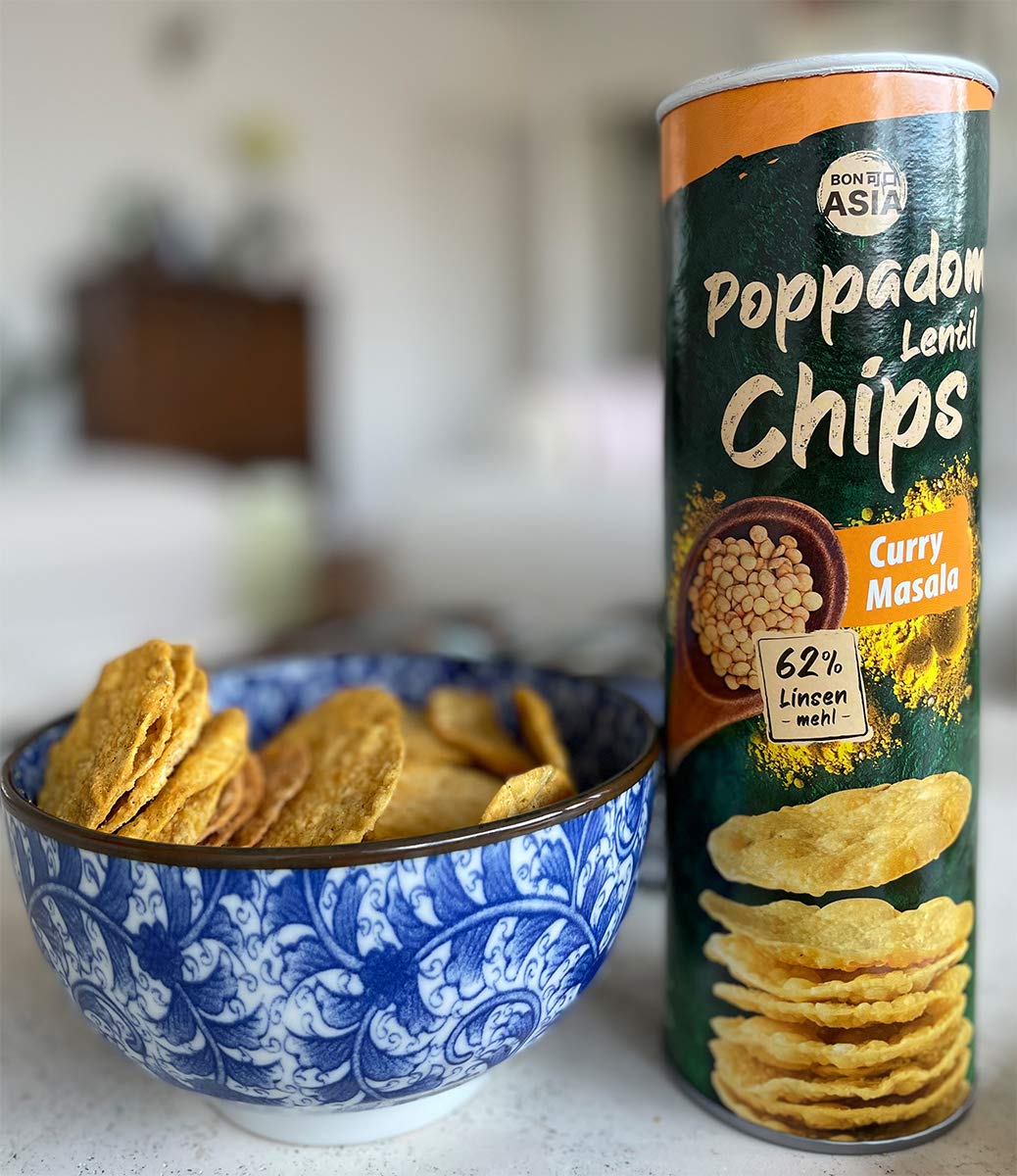 Bonasia Chips Papadum Curry Masala, élaborés à base de farine de lentilles 70 g (Lot de 4)