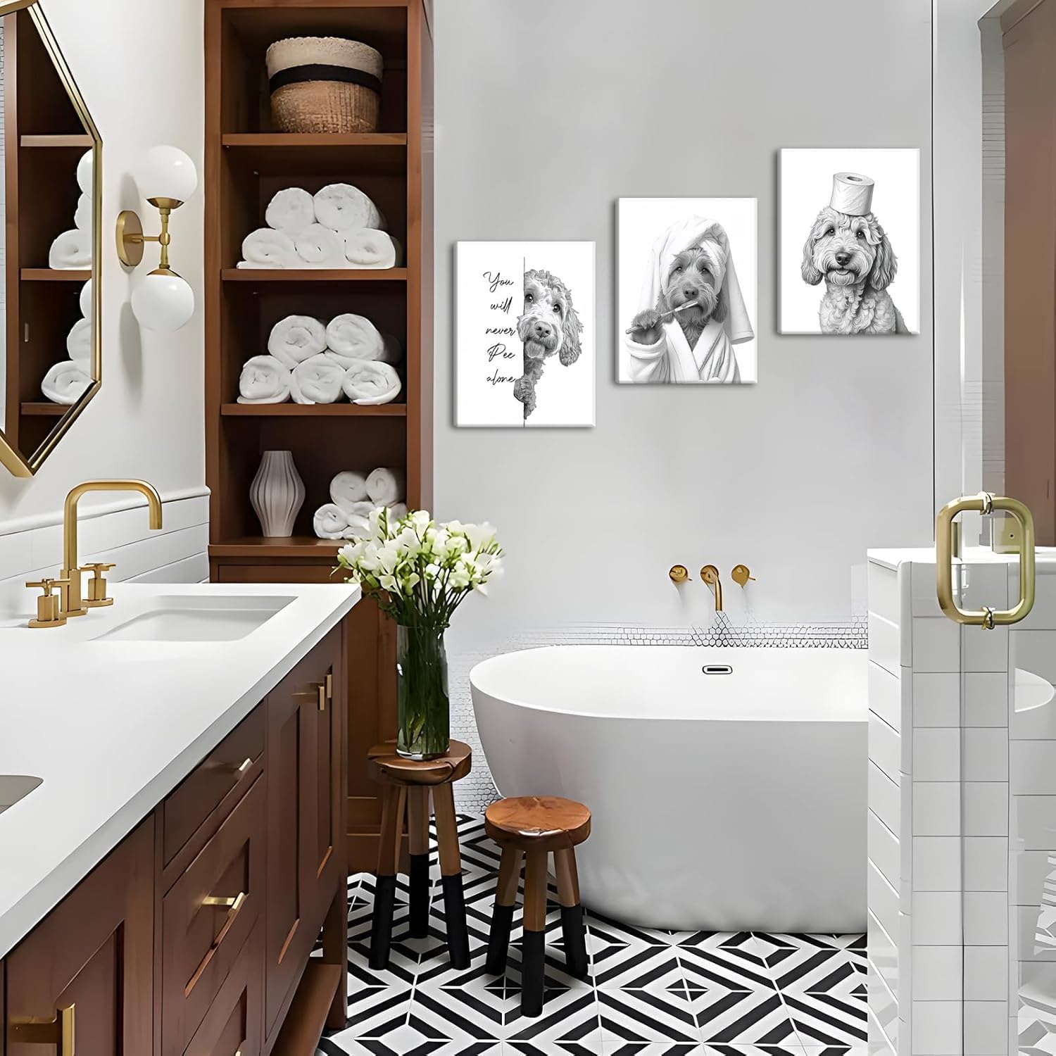 Framed Funny Bathroom Canvas Wall Art Set of 3, Black and White Cute Dog Pictures Wall Decor, Humor Animal Paintings Toilet Signs Prints Home Decor for Restroom 12x16 inch - Image 4