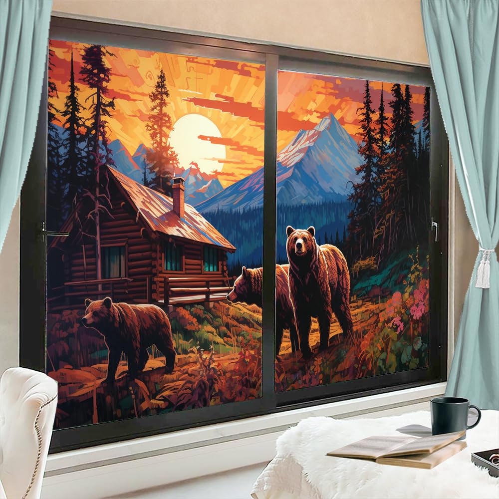 Dunmat Garden Farmhouse Bear Window Film Coverings Sunset Brown Animal Vintage Window Privacy Film Self-Adhesive Glass Film Decorative Sticker Frosted