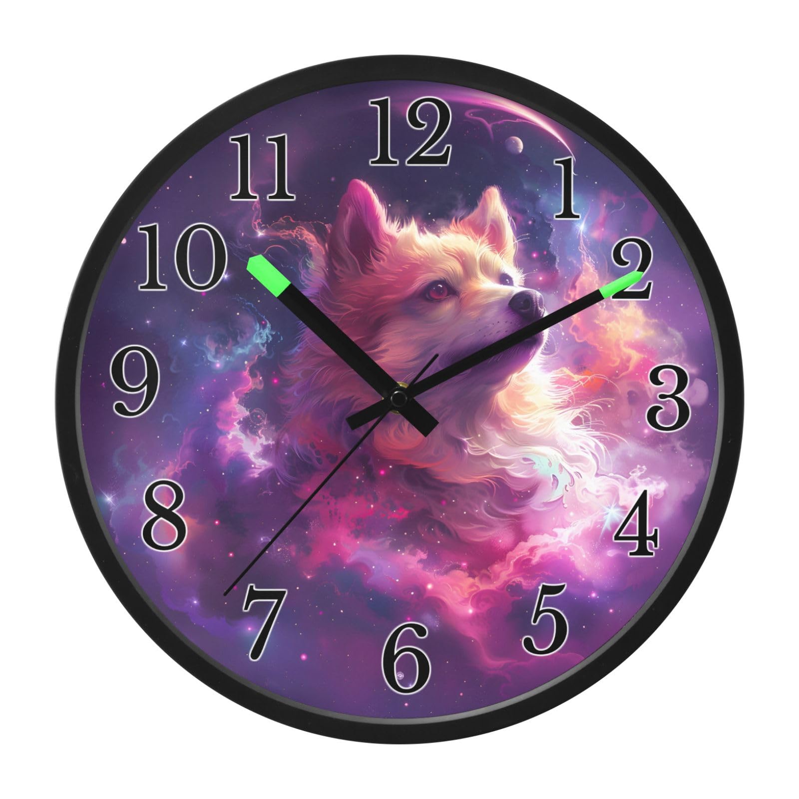 Mnsruu Reloj de pared luminoso cósmico Doge Galaxy, reloj de dormitorio, funciona con pilas, reloj silencioso que brilla en la oscuridad, para sala de estar, cocina, 30,5 cm