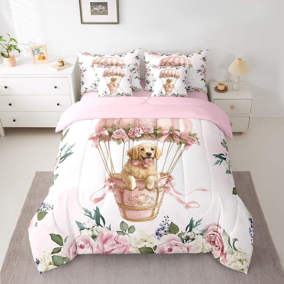 7 Pieces Golden Retriever Kids Comforter Queen,Pink Bowknot Hot Air Balloon Dreamy Bedding Set,Rose Flowers Princess Bow-tie Cartoon（Comforter+Fitted+Flat Sheet+2 Pillowcases+2 Throw Pillow Covers）
