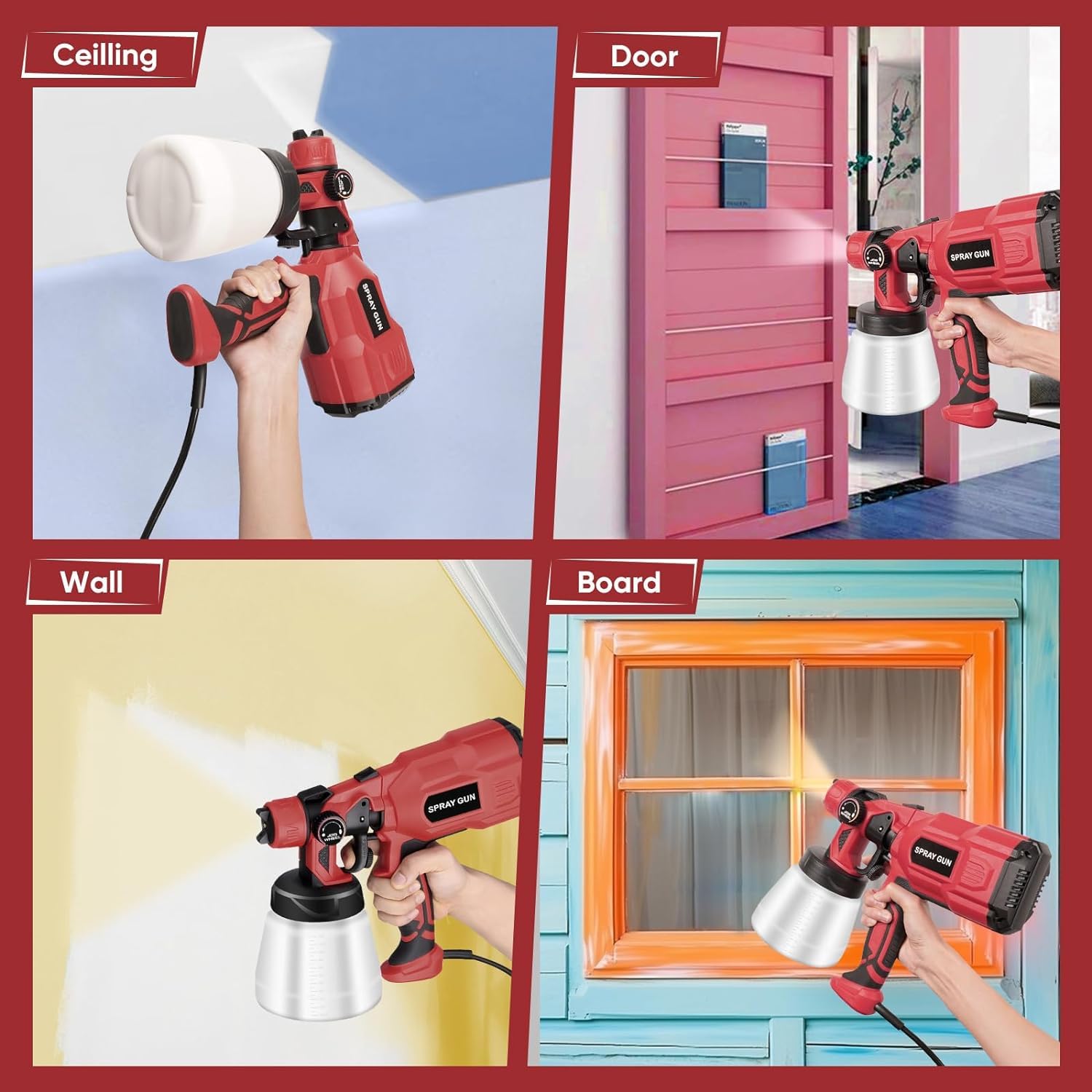 Pistola de pintura, 550 W, pistola de pintura eléctrica, HVLP pistola de pintura con 4 boquillas de cobre y 3 diseños, depósito de 1200 ml, para interiores y exteriores, paredes, techos, vallas