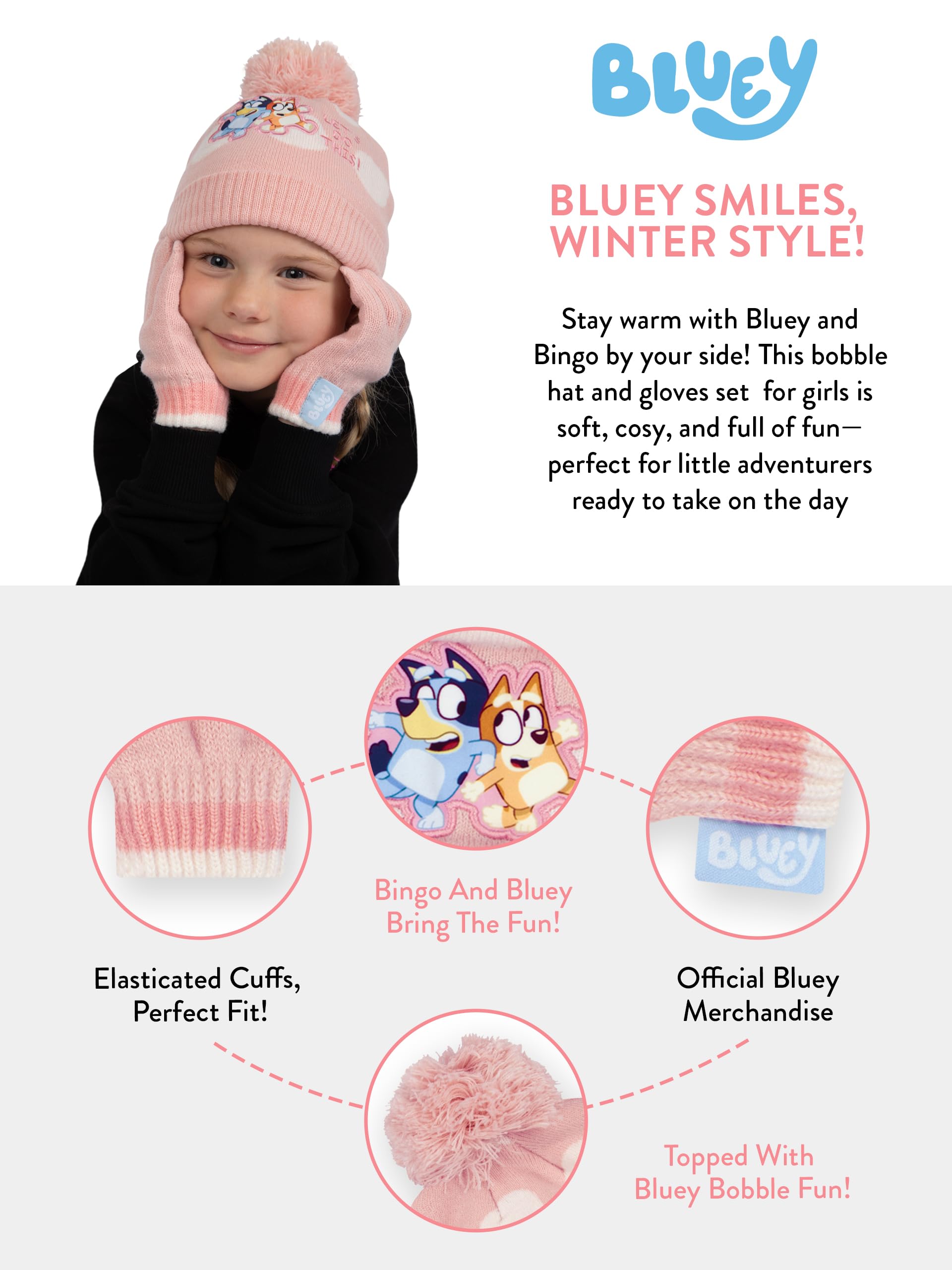 Bluey Gorra Bingo | Guantes Niña Invierno | Gorro Y Guantes | One Size Rosa
