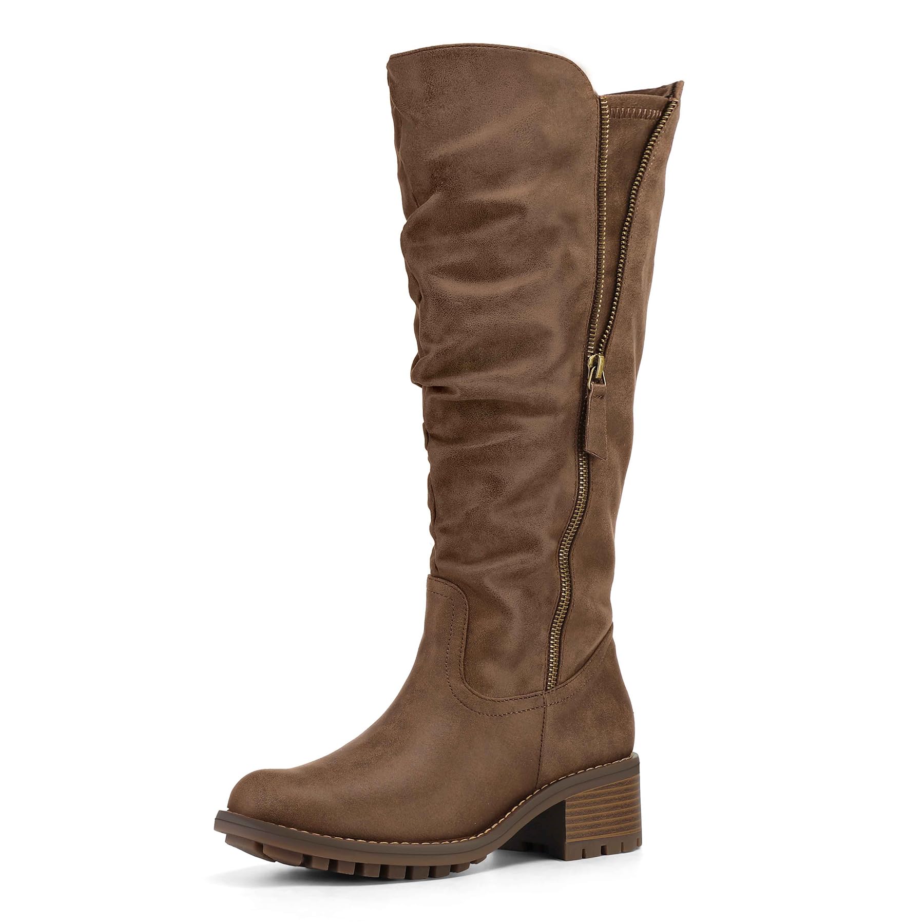 mysoft Womens Knee High Boots Side Zipper Lug Sole 2 Inch Stacked Chunky Heel Boots