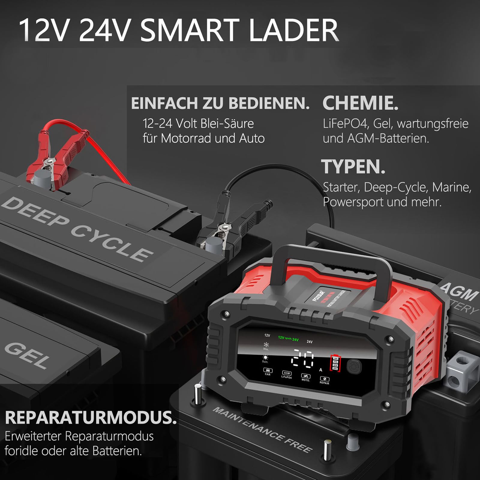 Ładowarka do akumulatora samochodowego 20 A, 12 V, 24 V, w pełni automatyczna ładowarka LiFePO4, ładowarka naprawcza, ładowanie impulsowe, odsiarczanie 20 A, 10 A, prąd ładowania, ładowanie