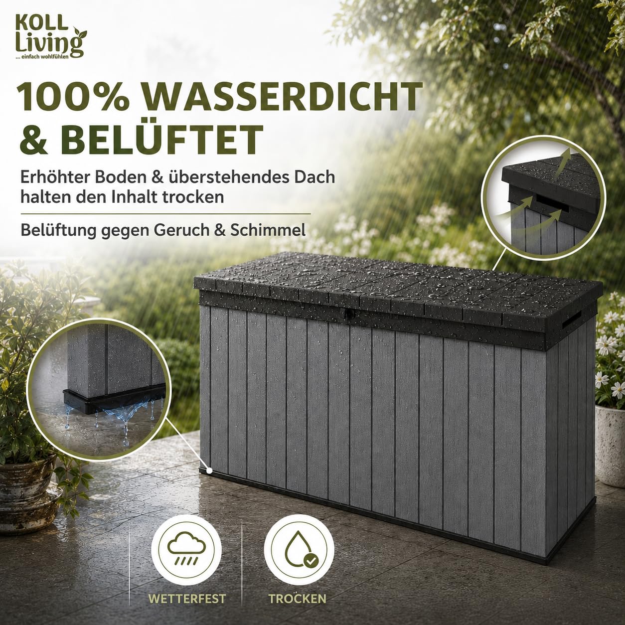 Koll Living Auflagenbox/Kissenbox 570 Liter l 100% Wasserdicht l mit Belüftung dadurch kein übler Geruch/Schimmel l Moderne Holzoptik l Deckel belastbar bis 300 KG (2 Personen)