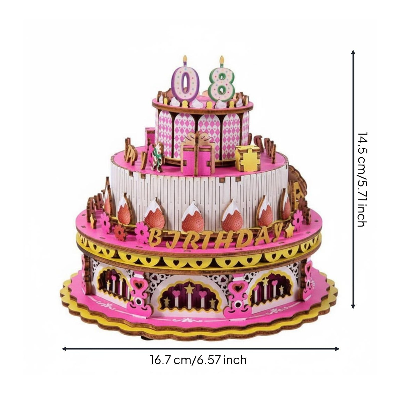 predolo Musikspieluhr Kinderpuzzle Holzkuchen 3D Bausatz Geburtstag Drehendes Puzzle Modell Kreatives Zusammenbau Spielzeug mit Sammelcharakter für Kindergeburtstag Kinderzimmer Geschenk, Pink
