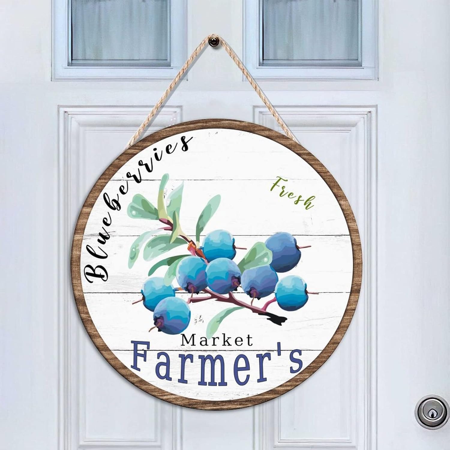 Vintage Round Door Hanger Sign, Vintage Fruit Blueberry Wood Door Sign, Rustic 16x16in Wall Hanging Sign Plaque for Backyard Front Porch Farmhouse Front Door Decor Housewarming Gifts