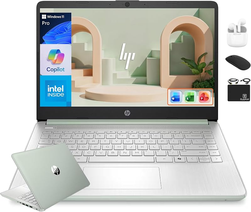 HP 14” Flagship Laptop 2025 AI-Powered Computer, Office Lifetime, Student Business, 4-Core Intel CPU, 16GB RAM 628GB Storage (128GB UFS+ 500GB Ext), Long Battery HubxcelAccessory Win 11 Pro Green