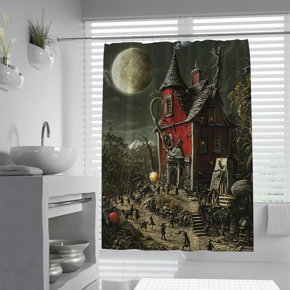 UIRINGART Halloween Haunted House Shower Curtain W120xL180cm Full Moon Castle Anti Mould Mildew Resistant Waterproof Fabric Bathroom Curtain with Hooks