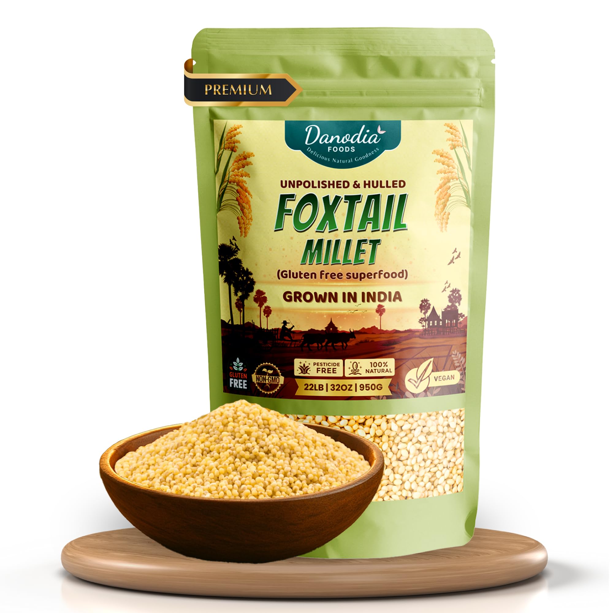 Danodia Foods Organic Foxtail Millet (Hulled, Unpolished) – 2 lbs (950g) | Gluten-Free, Yellow Whole Grain Superfood | Low GI, High Fiber & Protein | Healthy Rice Alternative for Super Healthy Diet