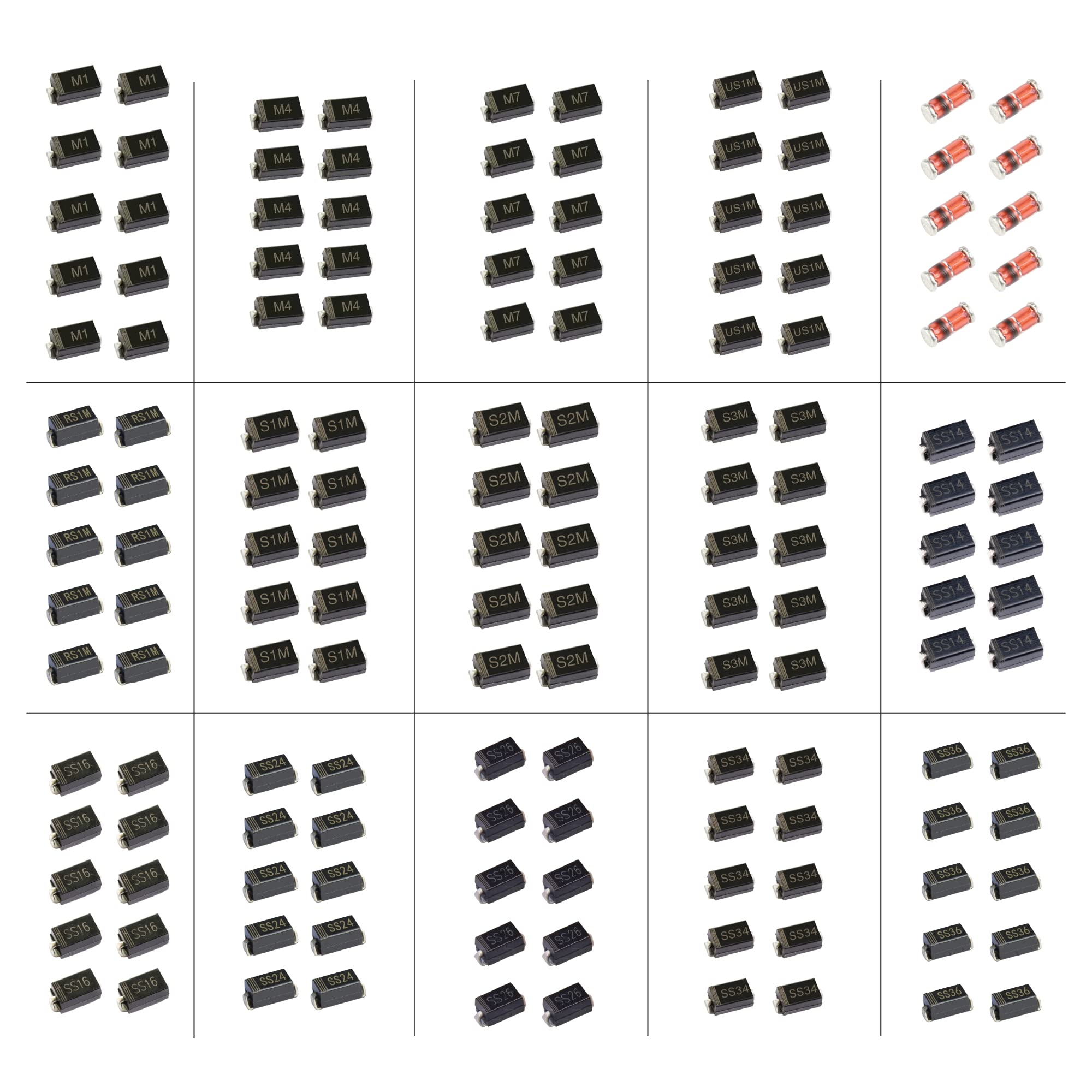 Kit diodi raddrizatori Schottky SMD 150 pezzi 15 modelli M1 M4 M7 RS1M S1M S2M S3M SS14 SS16 SS24 SS26 SS34 SS36 US1M LL4148