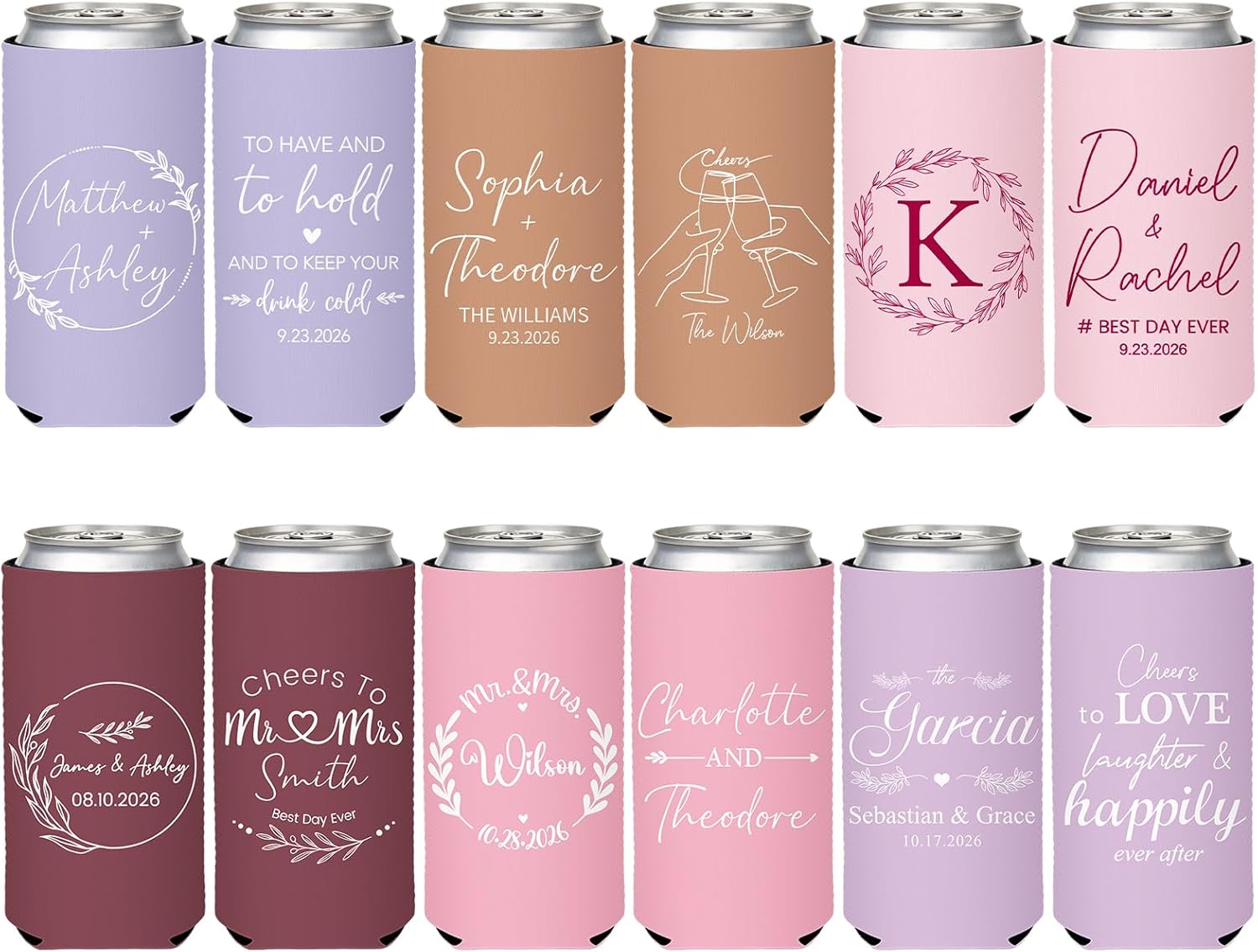50 PCS Custom Can Cooler Sleeves Wedding Favors for Guests Bulk – Personalized Drink Holders for Anniversary, Engagement, Bridal Shower Party Decorations - 12 oz Slim