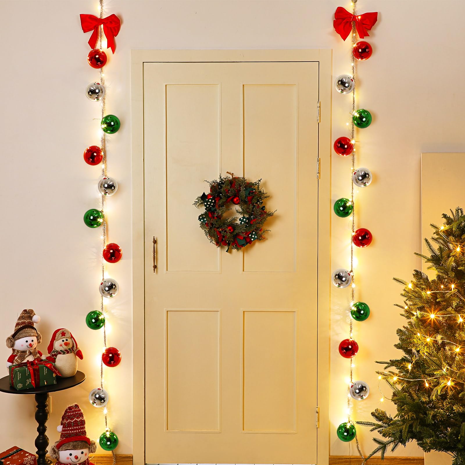 Pinkunn Weihnachtsdekoration, Weihnachtsdekoration, Kugelgirlanden mit roter Schleife, LED-Lichter, mehrfarbig, für Haustür, Weihnachtsbaum, Kranz, Fenster, Wand, Garten, Innen- und Außenbereich, 2