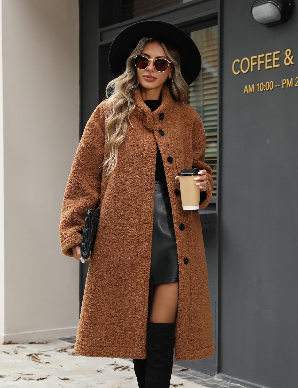 Long Fleece Coats for Women, Warm Faux Fur Jackets Button Down Winter Coats Textured Fleece Jackets with Pockets - Image 3