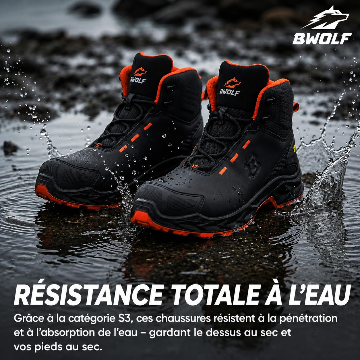 BWOLF FALCON HI S3S Chaussures de travail pour homme - Cuir lisse noir - Embout en aluminium - Semelle intermédiaire en Kevlar - Protection ESD