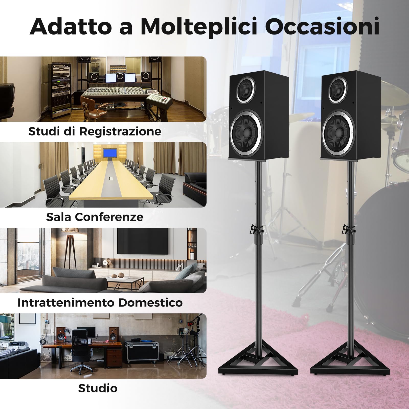 COSTWAY Supporti Regolabili in Metallo per Altoparlante da Terra, 2 Supporti per Casse con Base Triangolare Stabile, Adesivi Antiscivolo, Altezza Regolabile da 97-157 cm