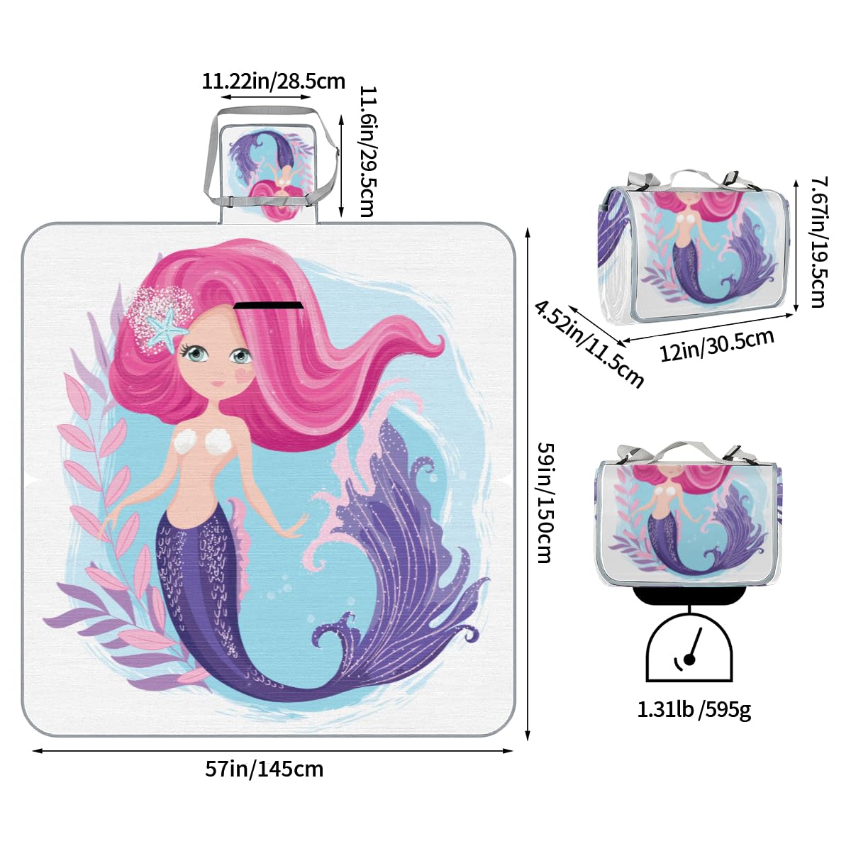 Shimoshe Picnic Blankets 57”x 59”, Cute Cartoon Mermaid Waterproof Sandproof Picnic Mat Lightweight Foldable Beach Blanket for Camping Park Grass Beach Outdoor Blanket