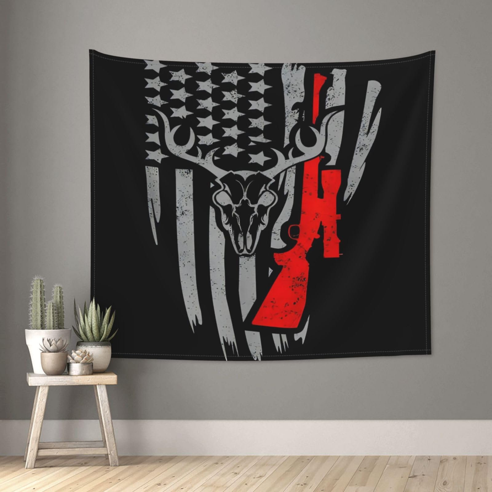 Lukiyys American Flag Deer Hunter Skull Rifle 4th July Hunting Tapestry Wall Tapestries Home Decor Wall Art Tapestry for Bedroom Livingroom 60x51 Inch, Black