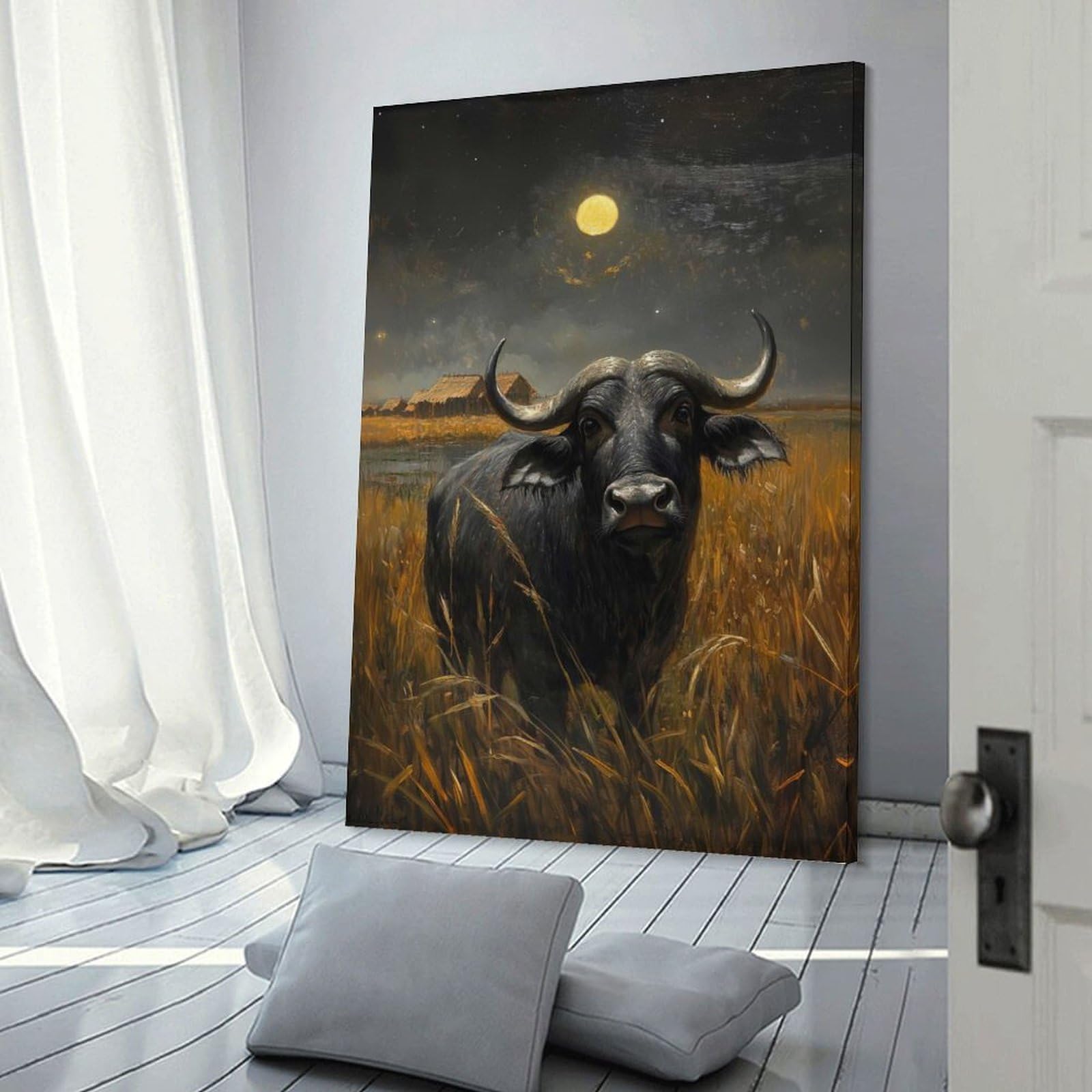 Junmoney Frame-Style-1-2 African Buffalo Under Moonlight Canvas Wall Decor, 16X24inch(40X60cm), For Gallery Wall Decor And Room Displays, Wall Decor Suited To Curated Displays