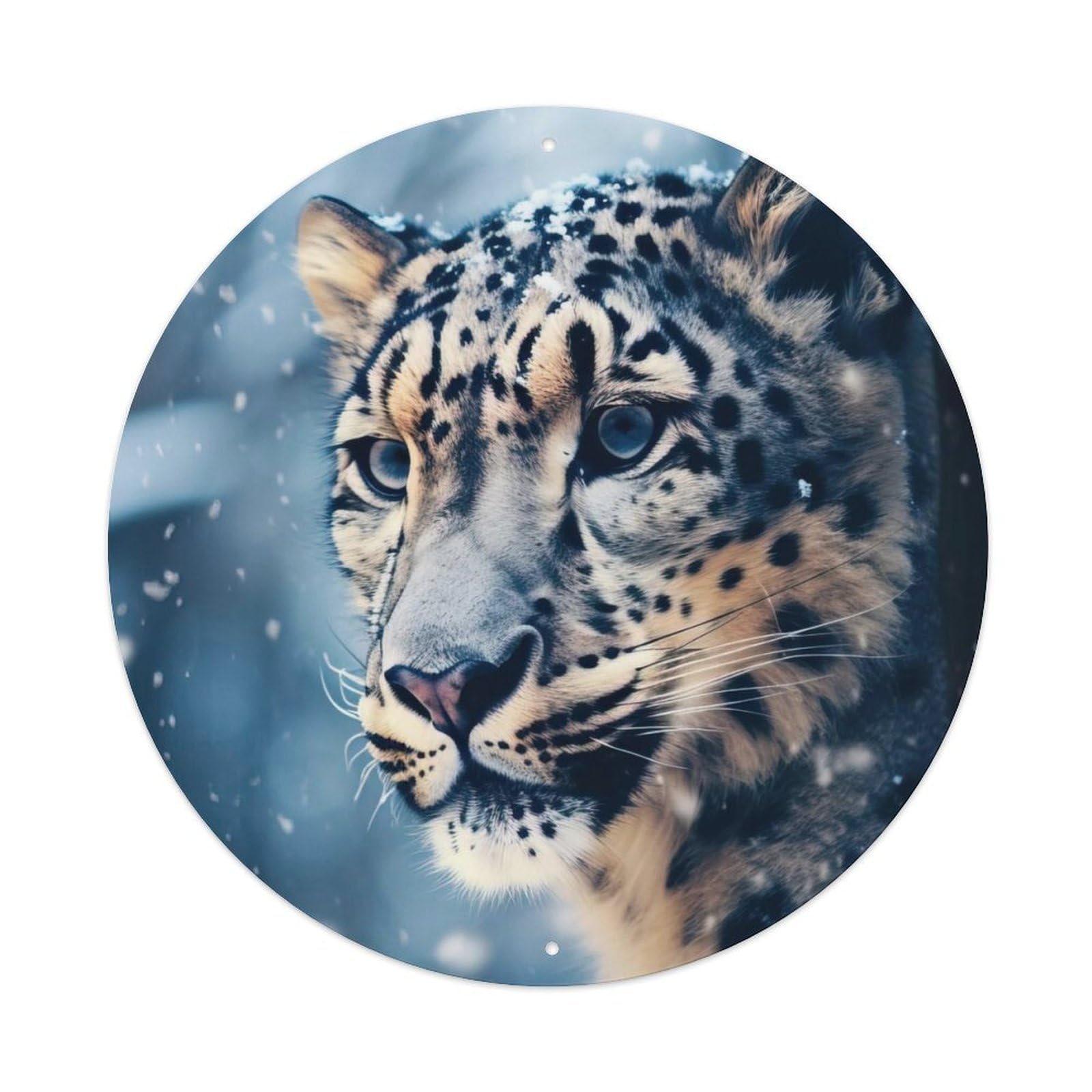 Fierce Snow Leopard Animal Vintage Metal Tin Sign Plaque Wall Decor for Cafe, Club, Garden Round Metal Poster 8x8Inch