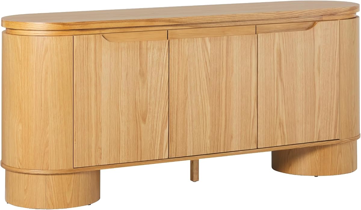 Walker Edison Maya Large Curved Modern Solid Oak Wood Veneer 70 Inch Sideboard TV Stand with Storage, White Oak