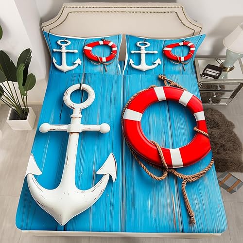 Erosebridal Sábana bajera náutica costera tamaño Queen, ropa de cama de playa de verano, estilo clásico, funda de cama oceánica, 3 piezas con 2