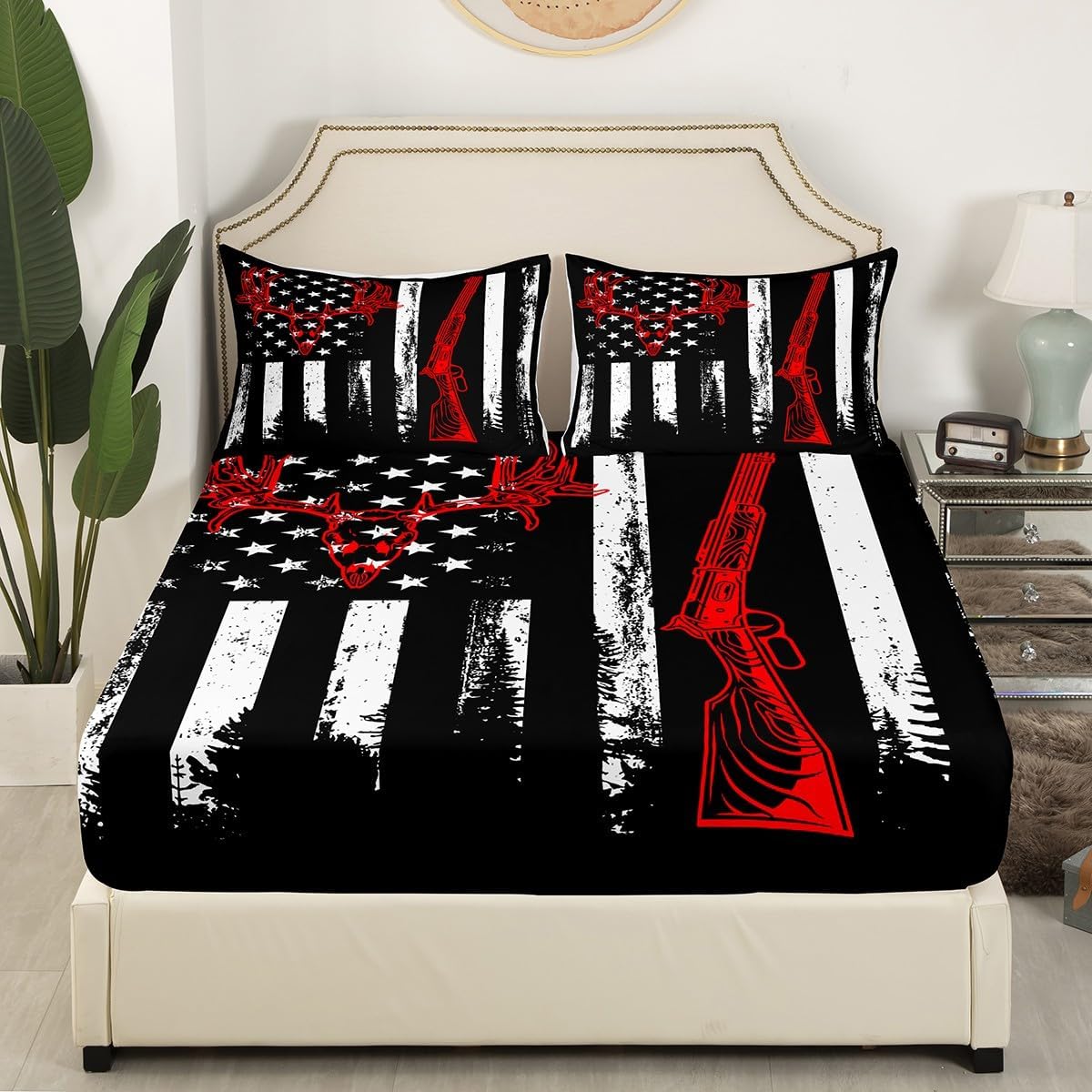 Deer Hunting Fitted Sheet American Flag Full Size Bed Sheets, Vintage Style Shotgun Stars and Stripes Hunter Bedding Set