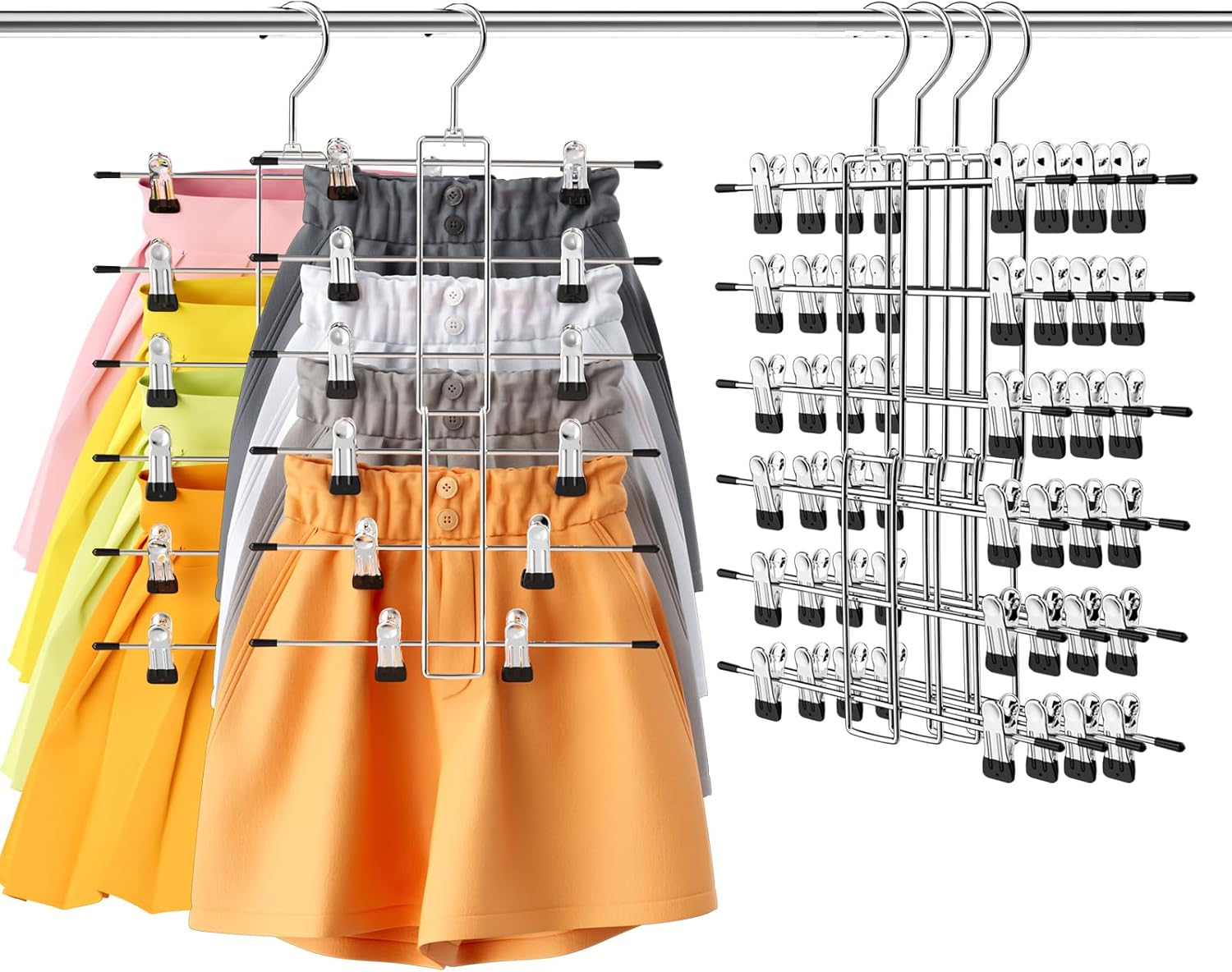 6 Pack Pants & Skirt Hangers Space Saving Hanging Closet Organizer and Storage, Upgrade Skirt Hangers with Clips and 360° Swivel Hook, Closet Storage