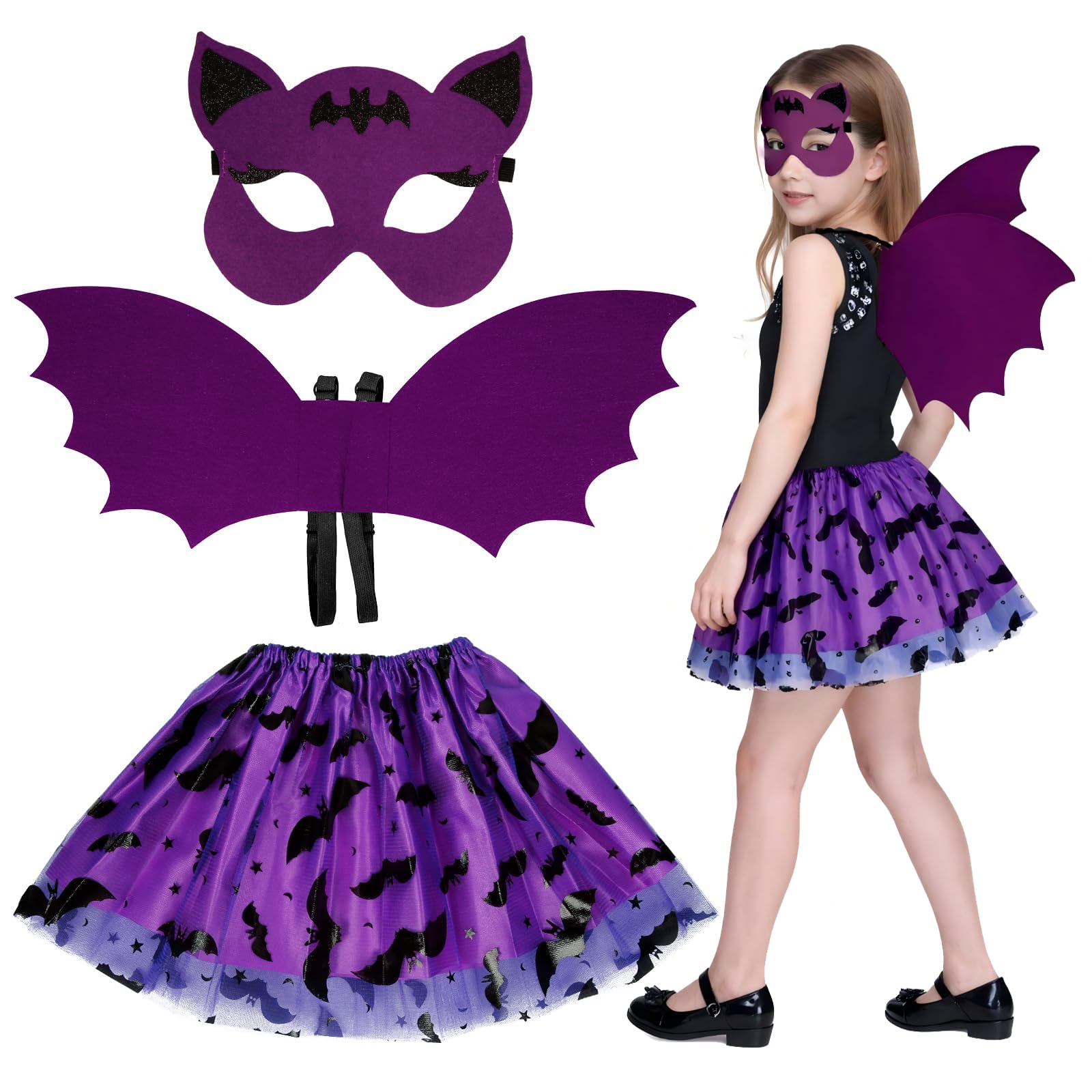 Gibocot 3 Piece Girls Purple Bat Wings Costume Kids 3-10Y, Halloween Vampire Fancy Dress Outfit with Tutu Skirt, Bat Eyemask & Wings for Trick or Treat World Book Day Cosplay