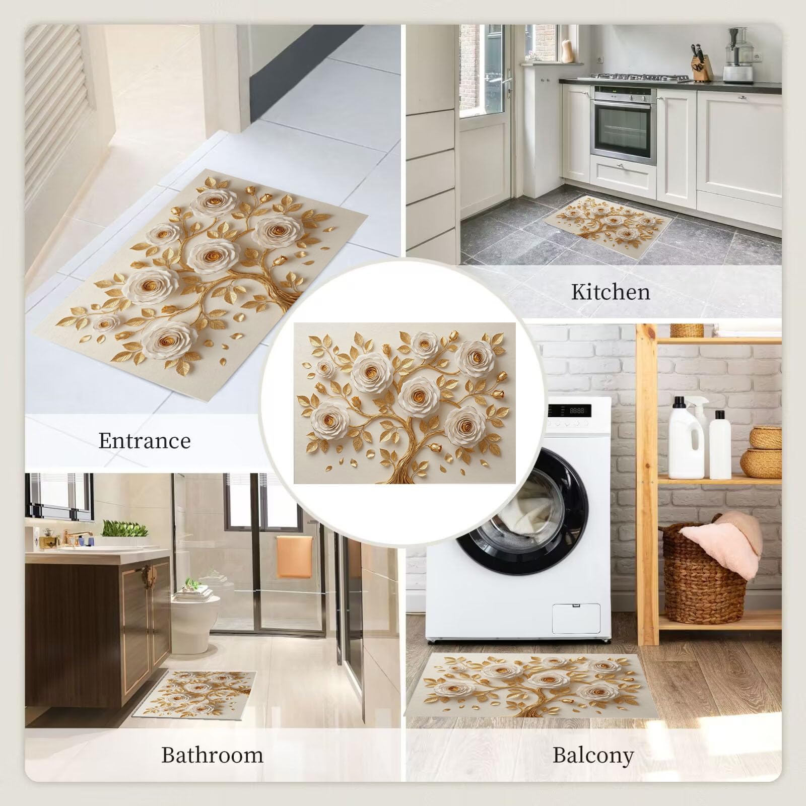 Zerbino Con Rilievo 3D Di Lusso Di Rami D'Albero Di Benvenuto, Tappeto Ingresso Antiscivolo Elegante Rosa Bianca Beige, Tappetino Lavabile Decorazione Per La Casa Per Portico Esterno, 60X90Cm