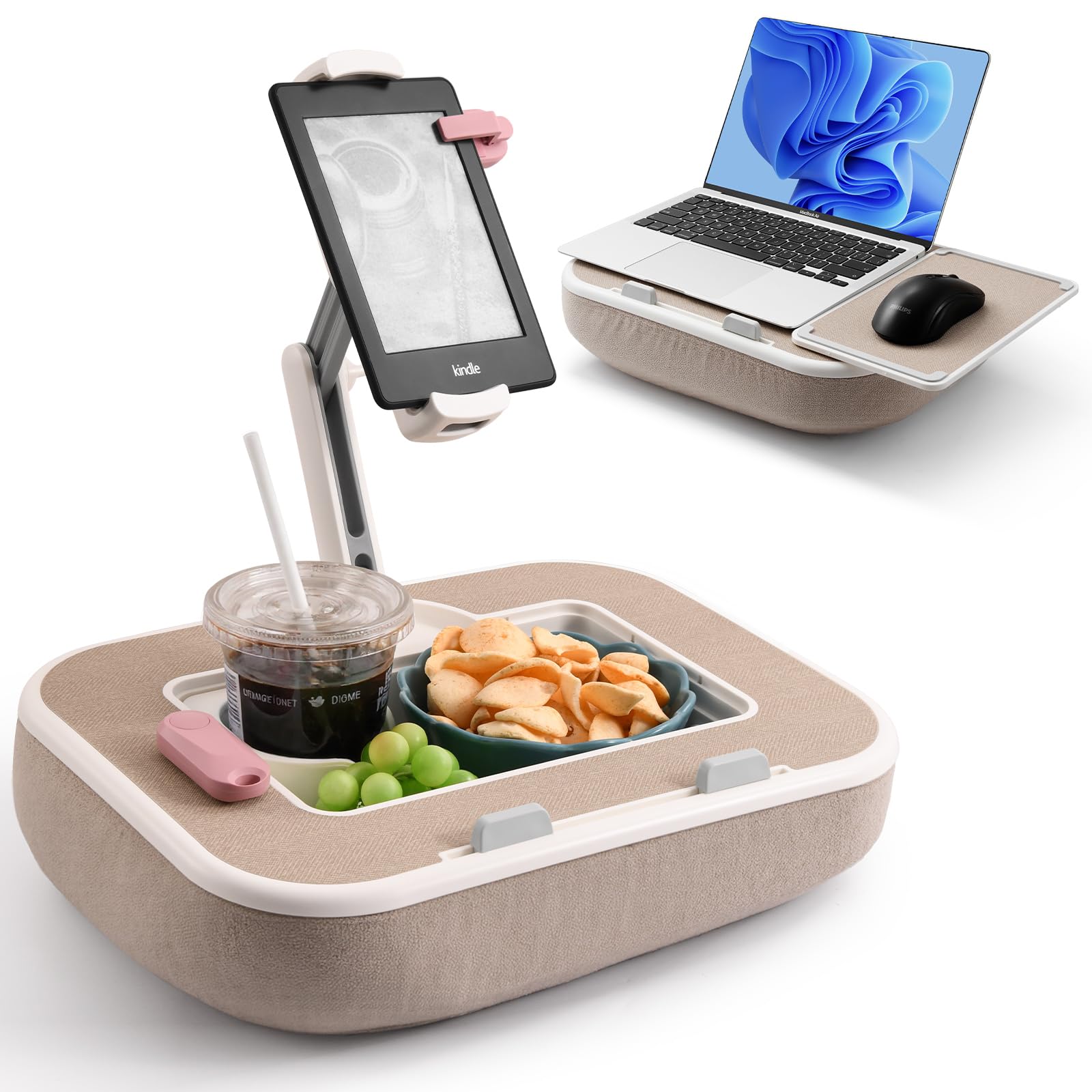 Tablet Pillow Stand with Snack Bowl and Writing Board 360 Rotating Phone Holder for 4 7-13 Phone Kindle
