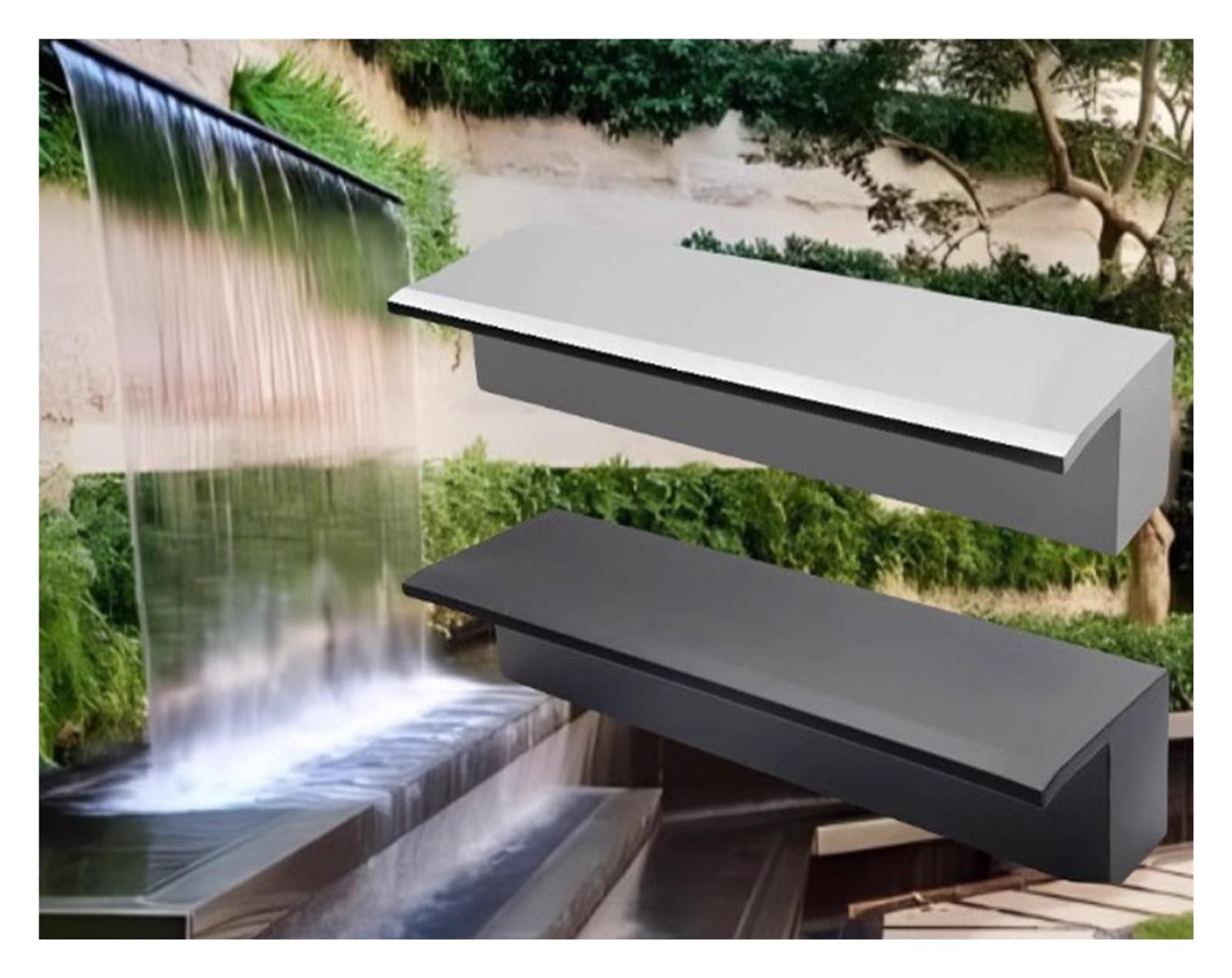 Heavy Duty Stainless Steel Pond Waterfall Spillway Kit - Outdoor Fountain Outlet for Ponds, Gardens, Hotels & Schools - Flush Mount, Custom Width Fittings (Black, 20cm/7.9in)