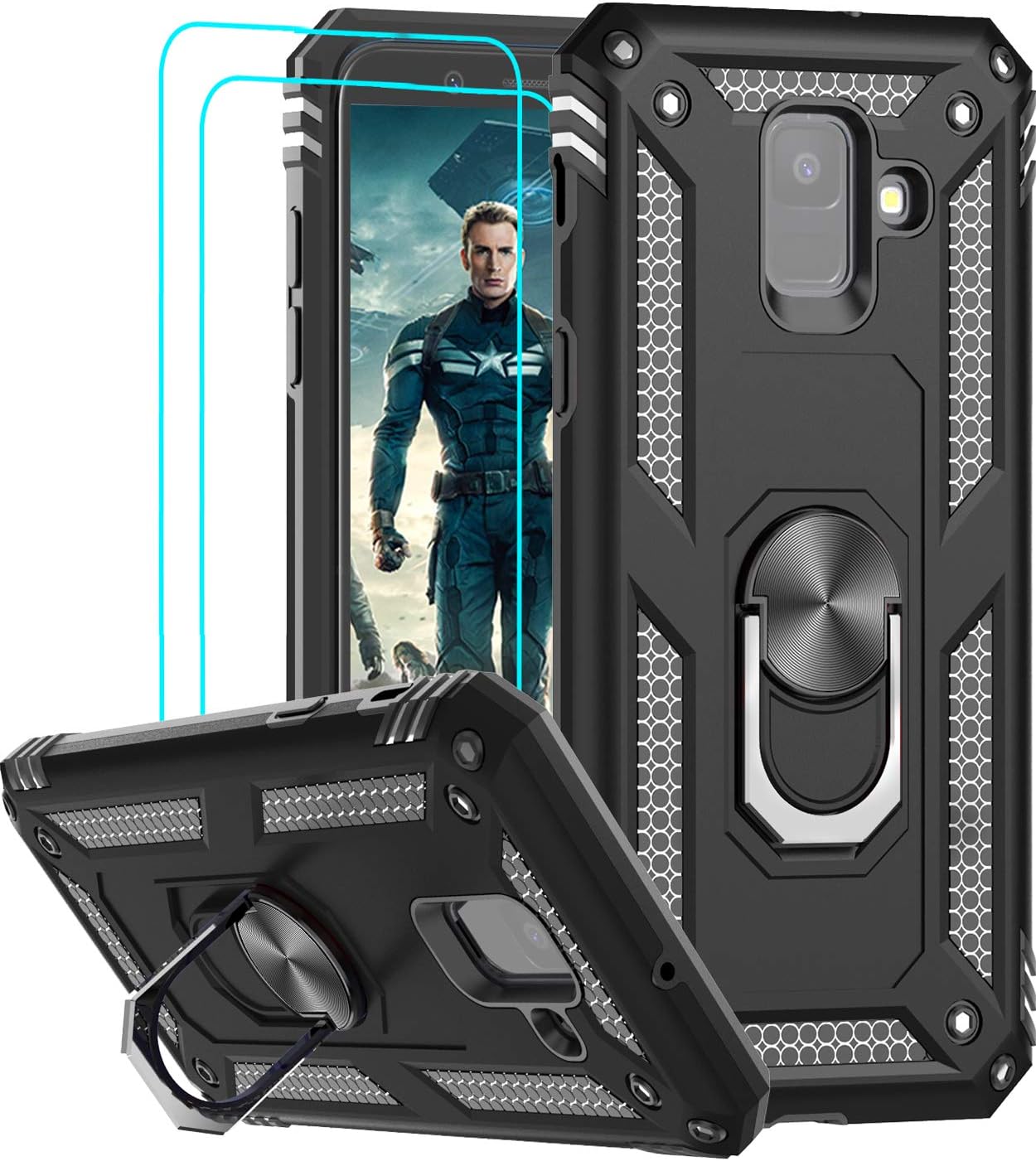 LeYi Compatible for Samsung Galaxy A6 Case with [2 Pack] Tempered Glass Screen Protector, [Military-Grade] Protective Phone Case with Magnetic Car Ring Holder Mount Kickstand for Samsung A6, Black