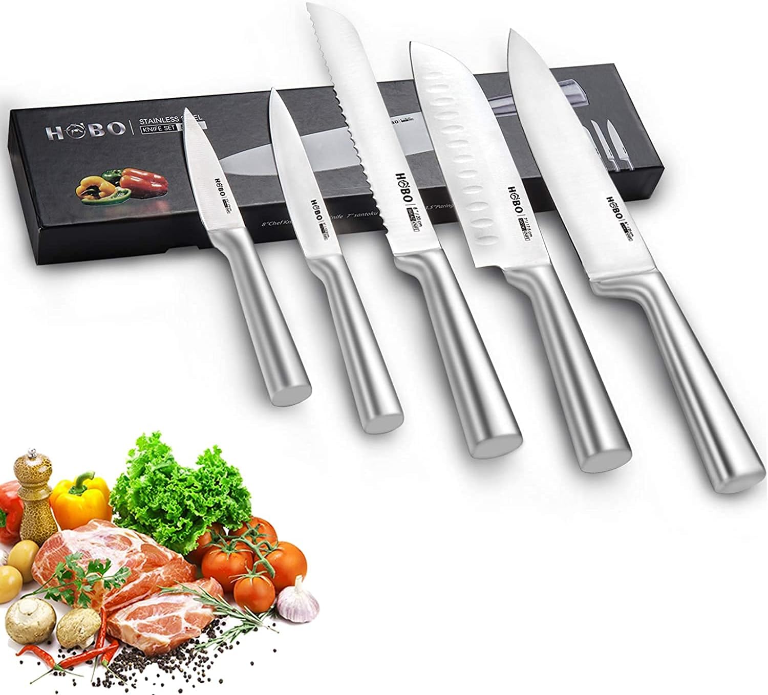 Knife Set, Professional 5-Piece Stainless Steel Kitchen Knife Set, Non-Slip Frosted Handle, Serrated and Standard Sharp Chef Knife, Bread Knife for Mincing, Chopping, Slicing.