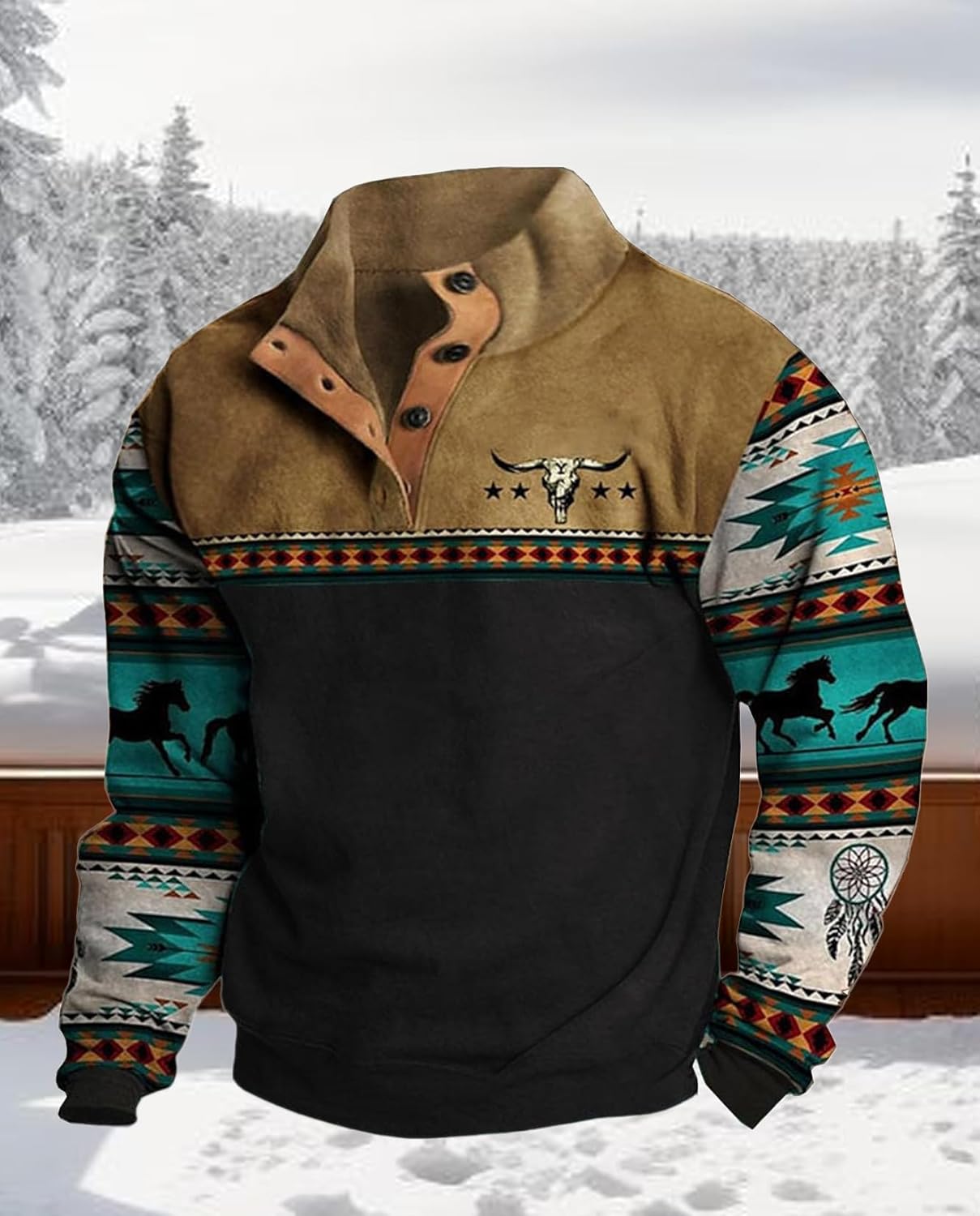 Western Sweatshirts for Men Aztec Ethnic Print Quarter Zip Pullover Fleece Hoodies Casual Stand Collar Sweatshirt - Image 4